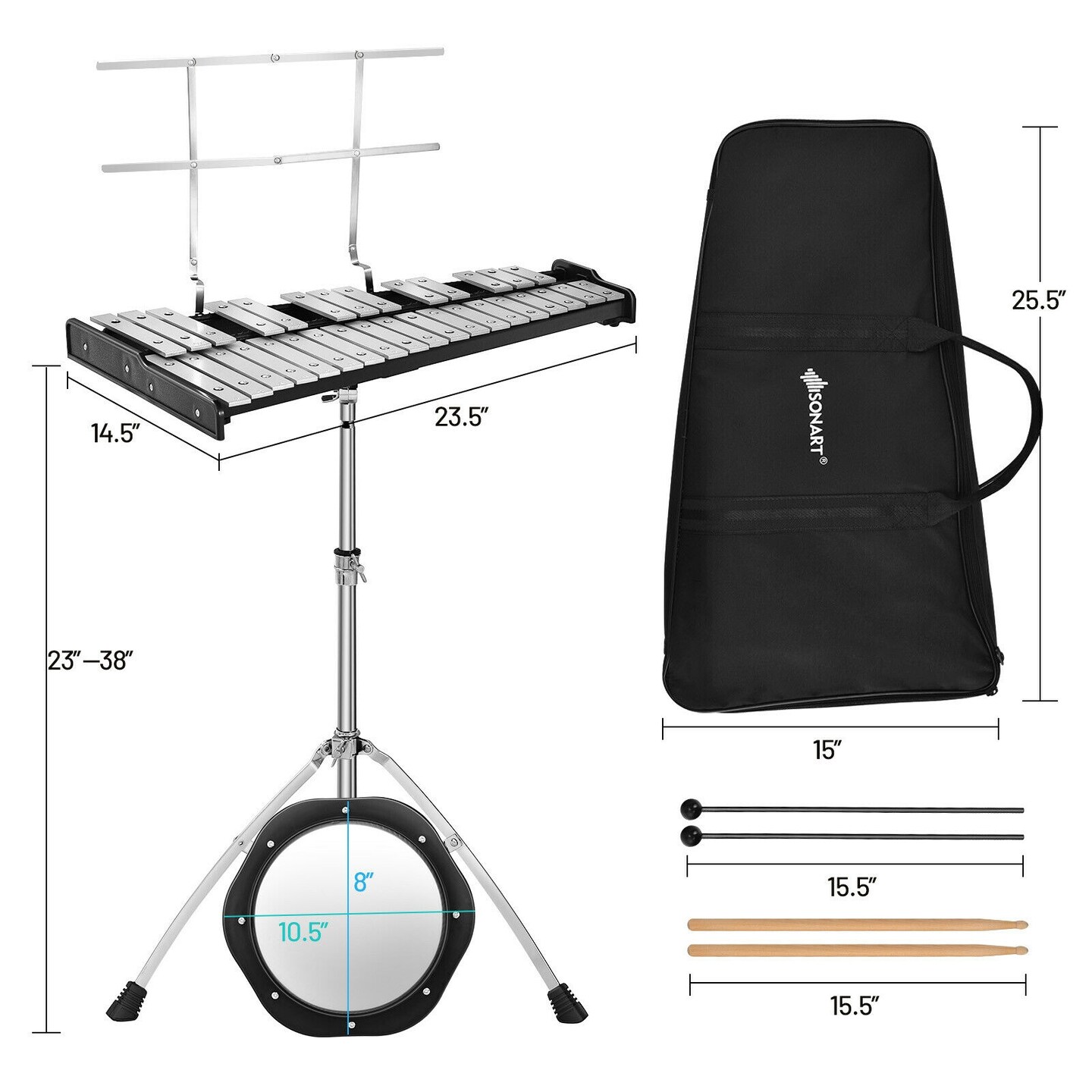 32-Note Glockenspiel Xylophone Set with Adjustable Stand and Carrying Bag