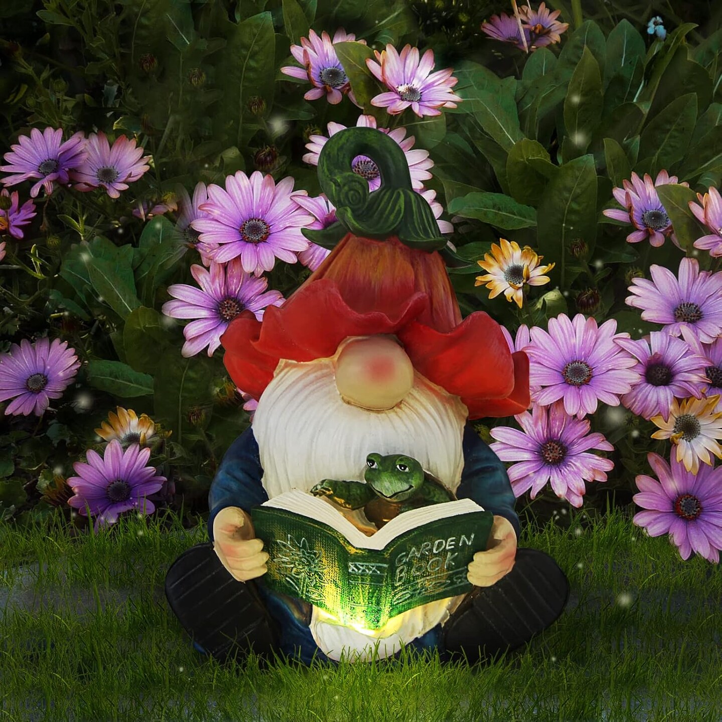 Garden Gnome Statue-Resin Gnome Figurine Hugging Turtle Reading Book with Solar LED Lights