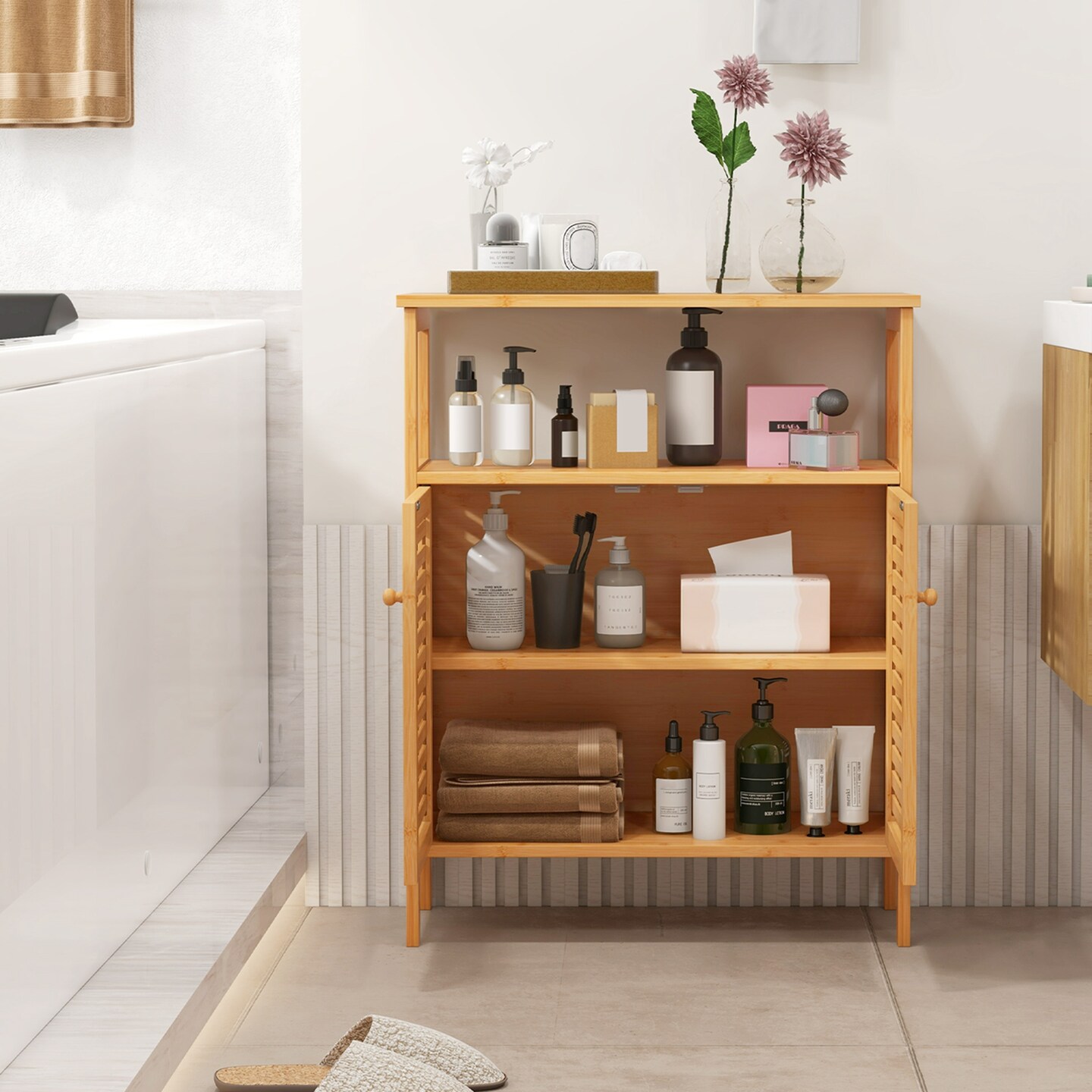 Costway Bamboo Storage Cabinet with Double Louvered Doors Open Shelf &#x26; Removable Shelf