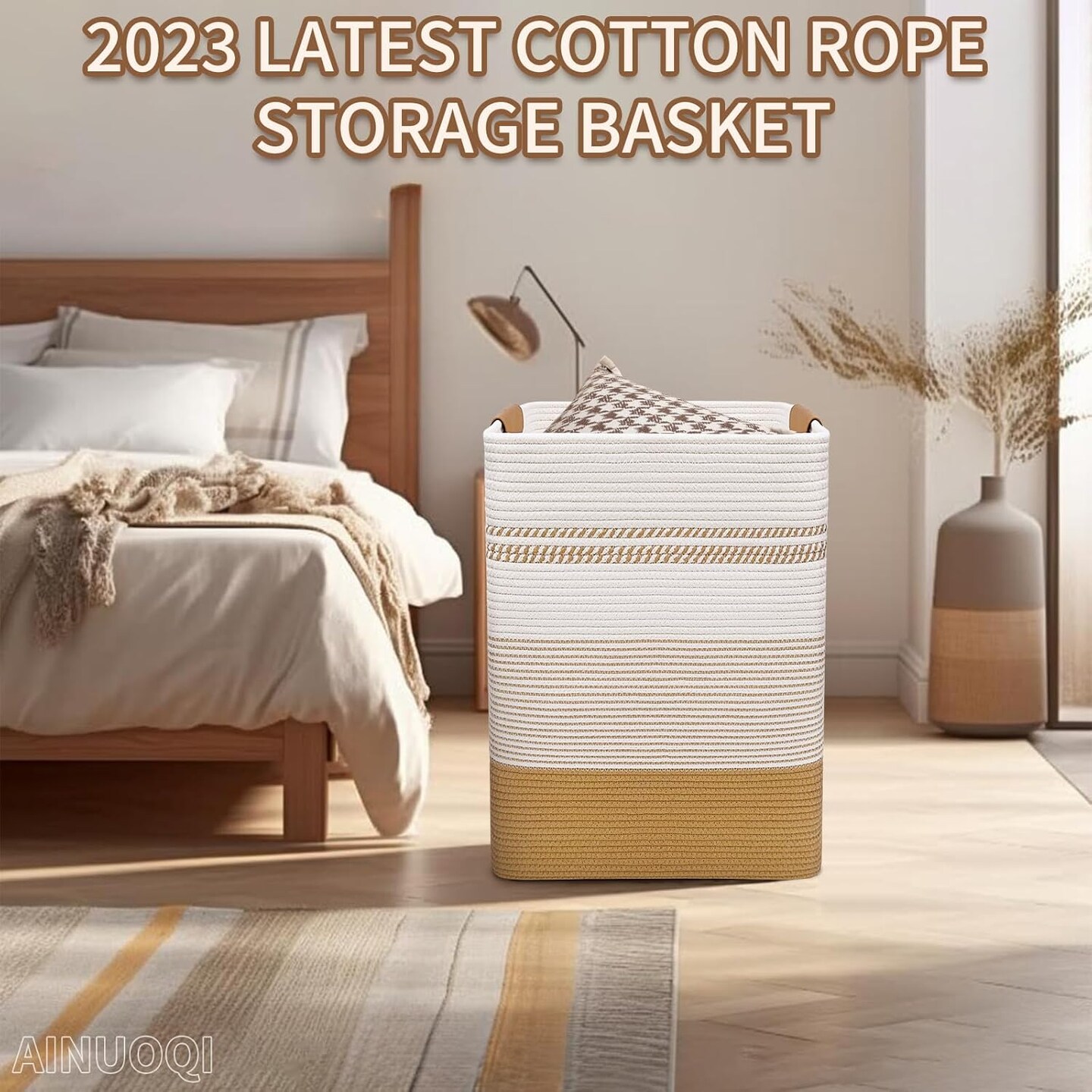 Laundry Hamper - 85L Large Laundry Basket with Leather Handles, Decorative Storage Basket for Blankets - Cotton Rope Woven Baskets for Storage, Clothes Hamper for Living Room, Jute &#x26; White
