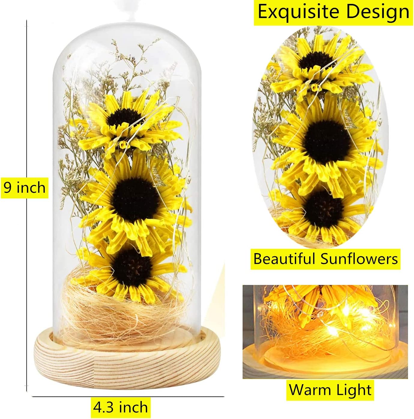 Sunflower in Glass Dome Gifts for Women Enchanted Flower with LED Light Enchanted Gift for Women on Christmas Valentine's Day Mother's Day Anniversary Birthday Thanksgiving