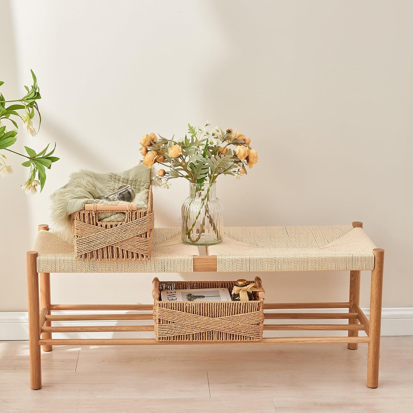 Storage Basket with Handle, Large Rectangular Wicker Basket for Organizing, Decorative Wicker Storage Basket Woven Basket Organizers for Living Room