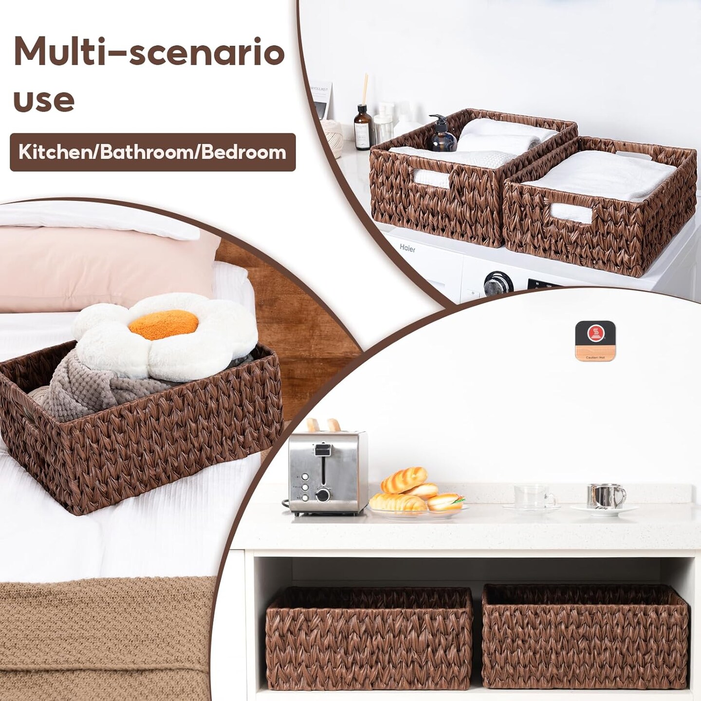 Large Spring Wicker Basket, Waterproof Wicker Storage Basket, Odorless Plastic Woven Baskets for Organizing, Rectangle Rattan Baskets with Handle