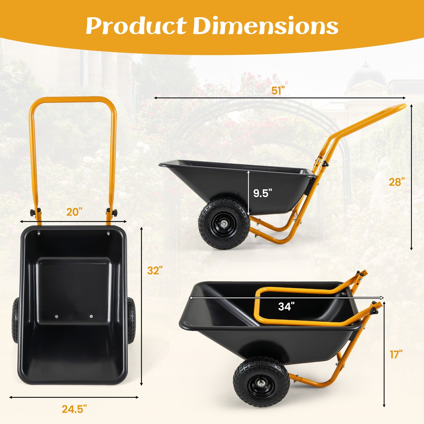 Folding Garden Cart with Dual-Wheel Wheelbarrow and 330lbs Capacity