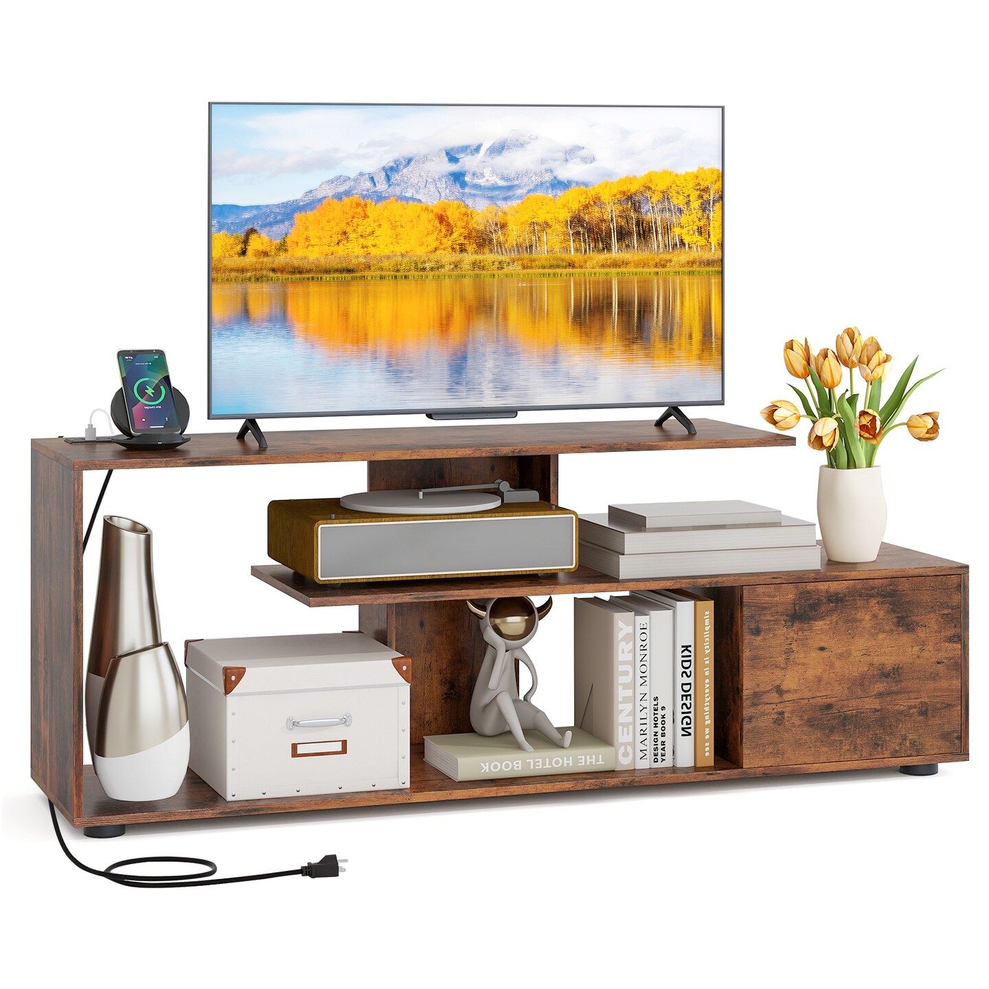 Engineered Wood TV Stand with Built-in Power Outlet, Storage and Adjustable Feet