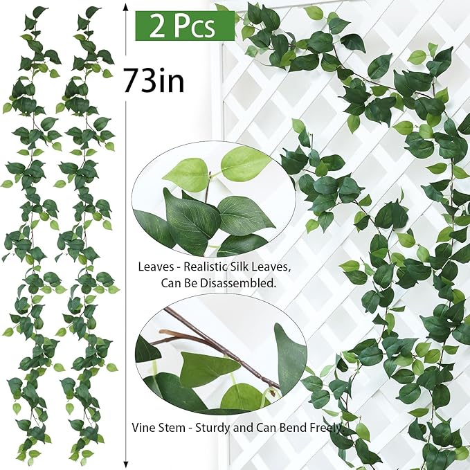 2 Strands Artificial Scindaps Vines Garland 73&#x22; Fake Vine with Silk Green Leaves Faux Hanging Plants Greenery Decoration for Bedroom Wall Party Wedding Apartment Room Decor (Scindapsus)