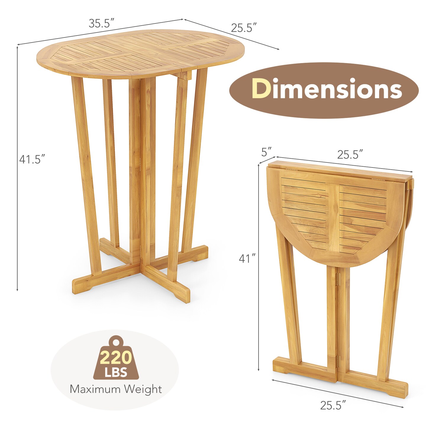 Natural Teak Wood Folding Bar Table with Oval Top, Cross Base and Space-Saving Design