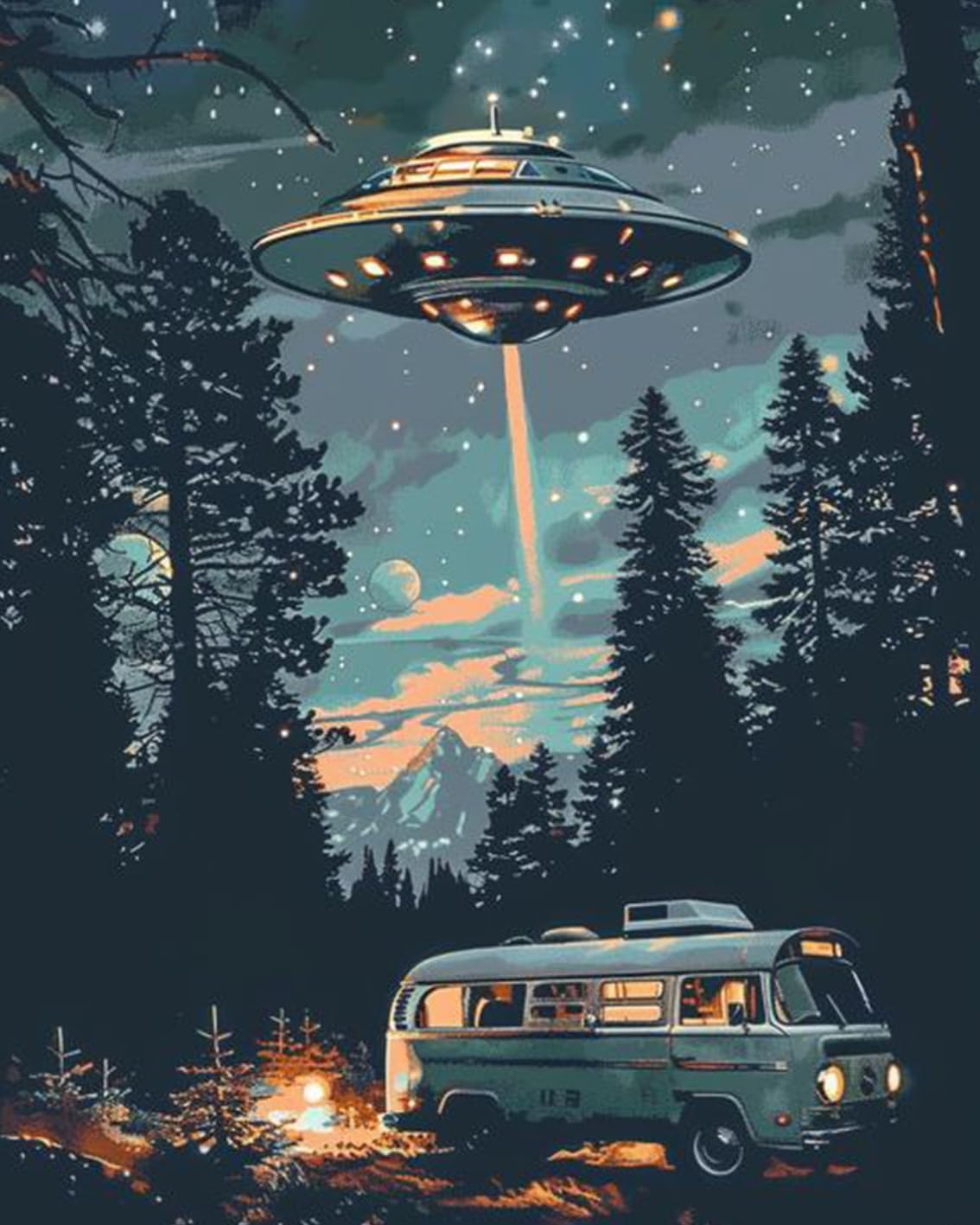 Starry UFO DIY Paint by Numbers for Adults Bus in Forest DIY Oil Painting Acrylic Paint Art Moon Stars Painting Kits Canvas with Acrylic Paint UFO Fantasy Decor 16x20 Inch (Without Frame )