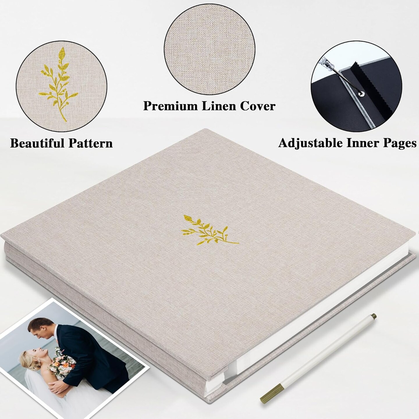 Self Adhesive Photo Album, Beige Scrapbook Album with DIY 60 Blank Pages, Wedding Photo Album with A Metallic Pen