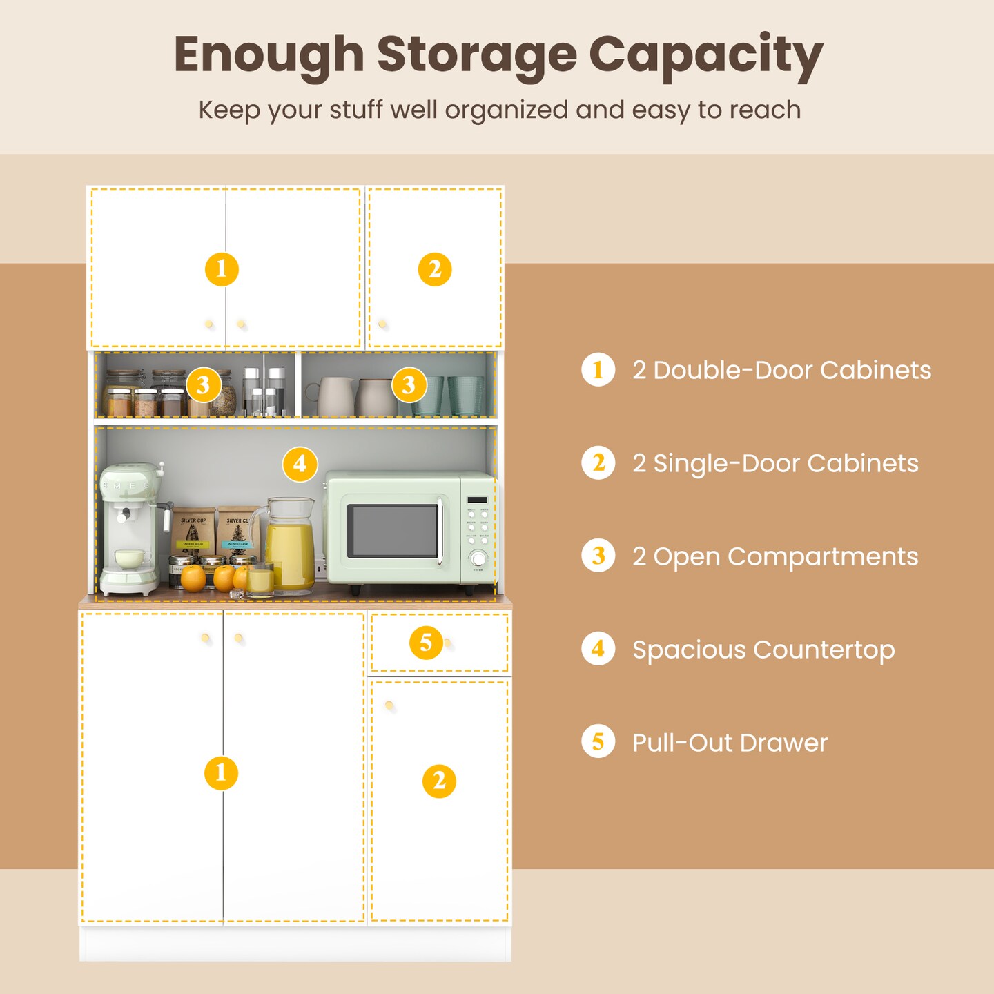 White MDF Engineered Wood Kitchen Pantry Cabinet with Power Outlets