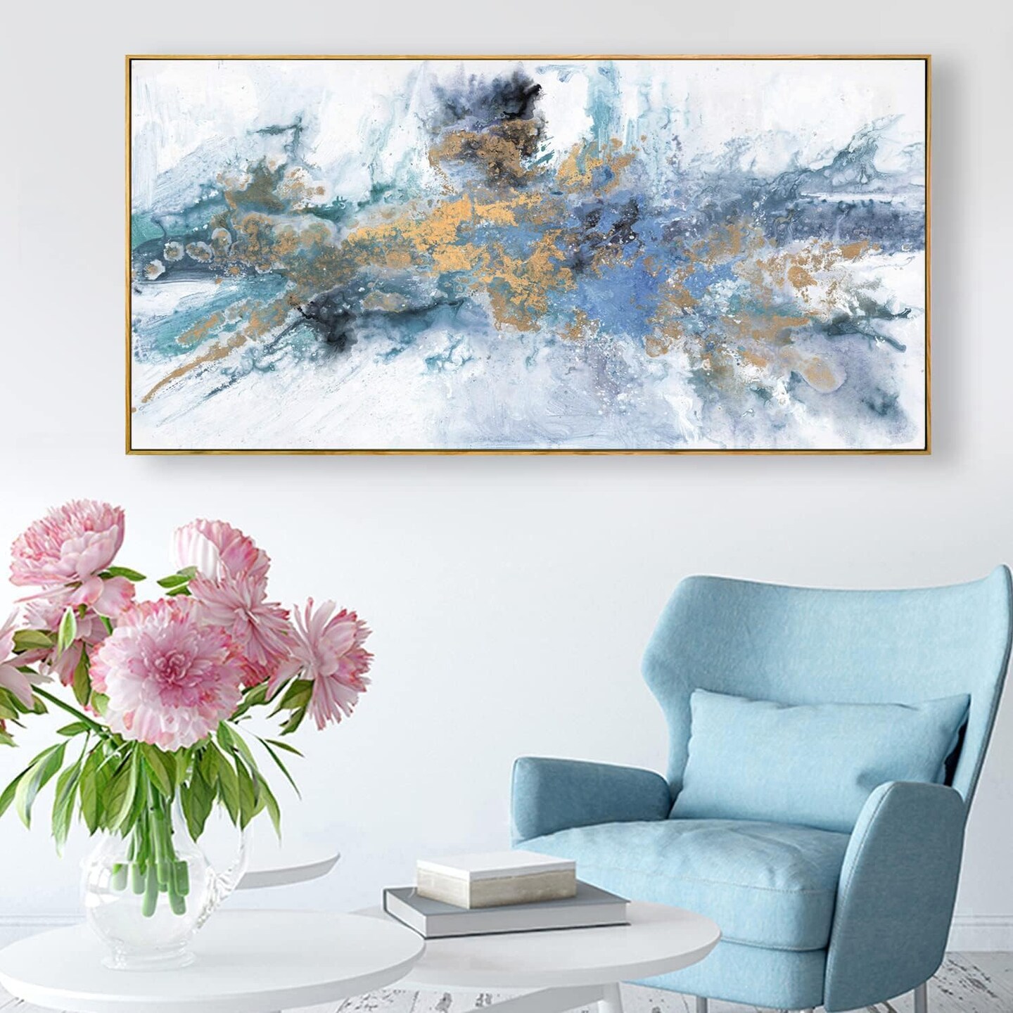 Wall Art Framed Ready to Hang Wall Art Modern Fantasy Paintings Navy Blue Yellow Abstract Wall Art Prints Canvas Painting Large Size for Living Room Bedroom Office Decoration 20"x40"