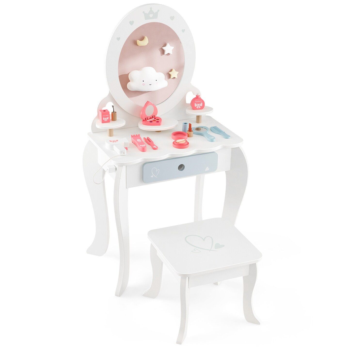 White MDF Kids Vanity Set with Removable Mirror, Storage, Stool, and Accessories