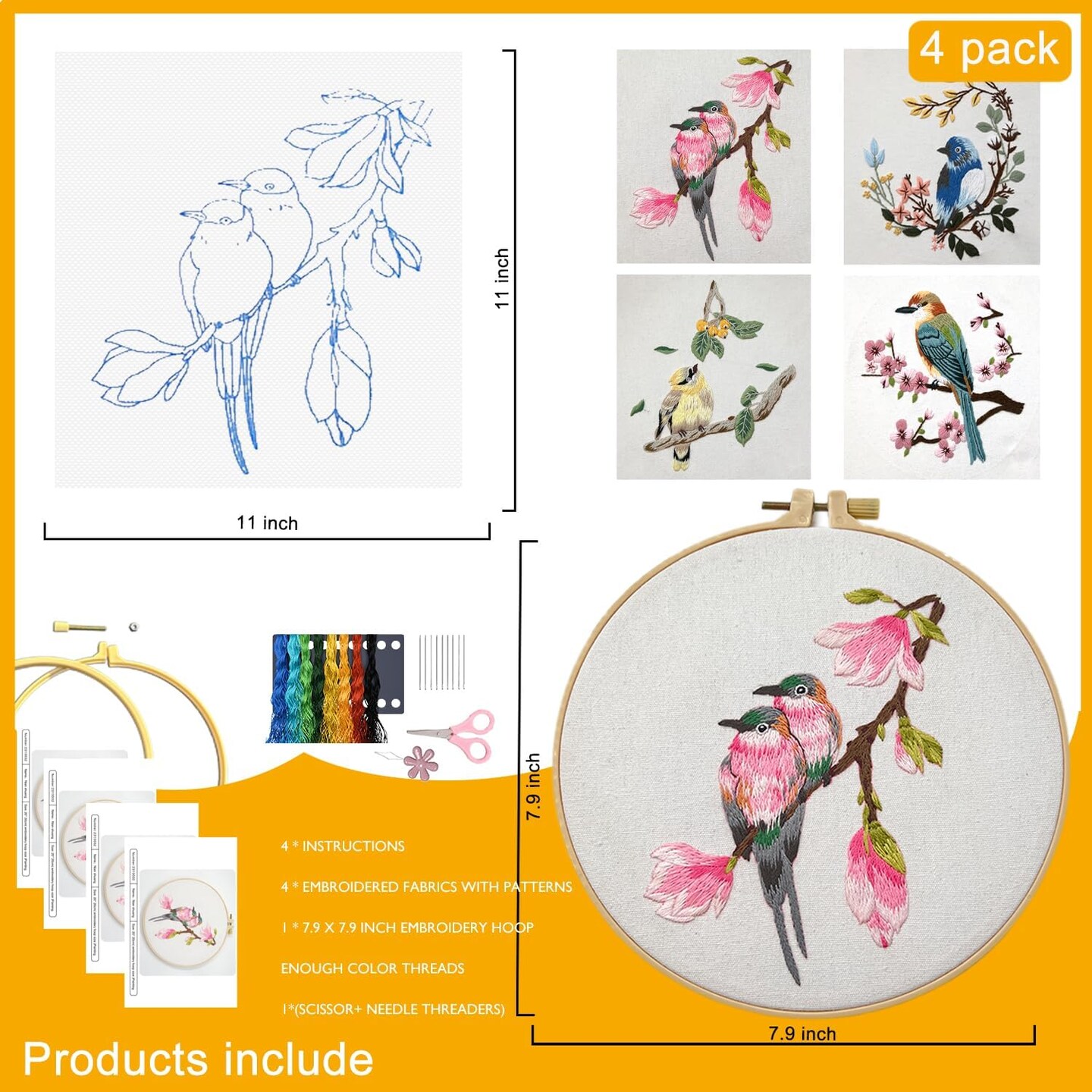 4 Sets Embroidery Kit for Beginners Adults Cross Stitch Starter Kits DIY Embroidery Kits