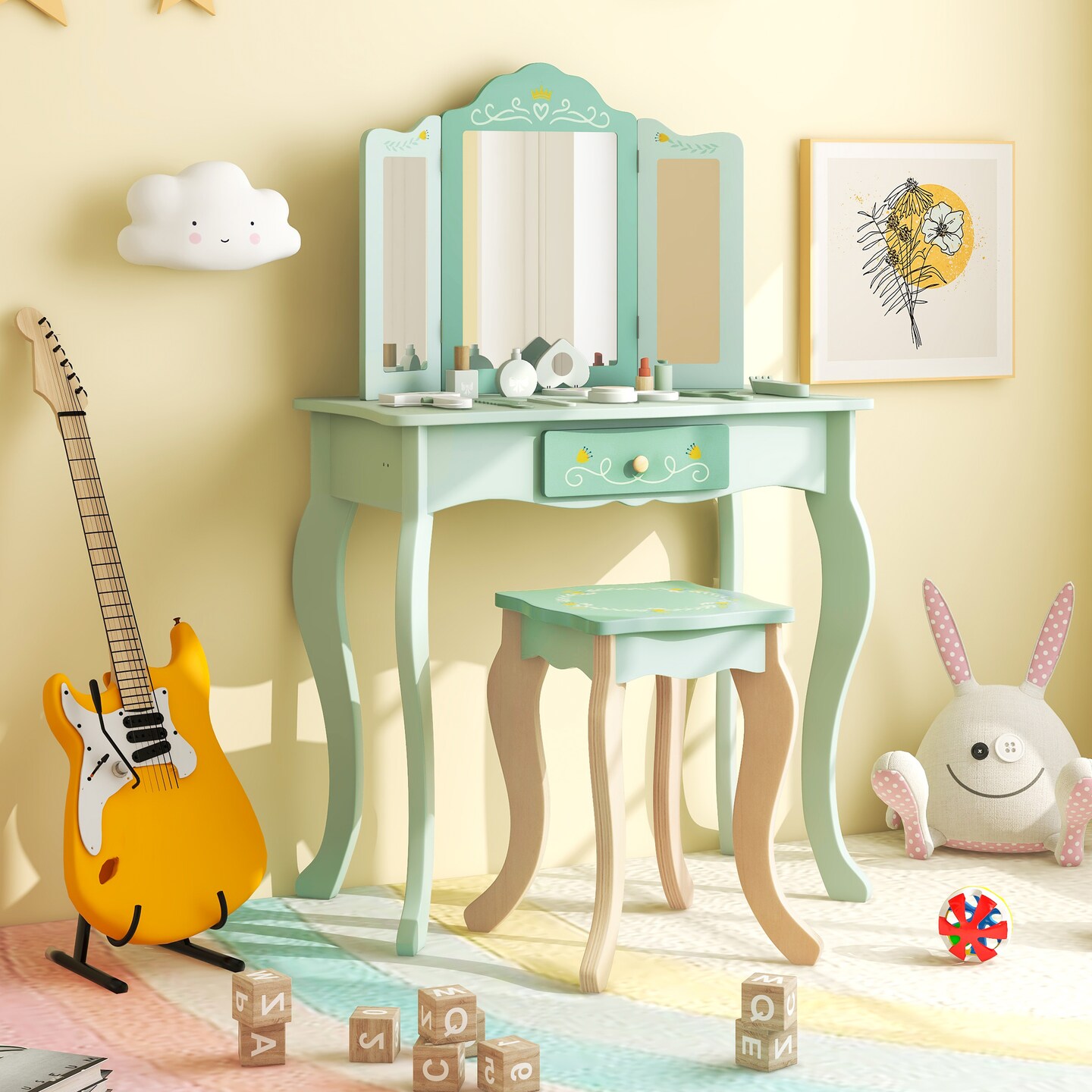 MDF Kids Vanity Set with Mirror, Drawer, Stool, Accessories and Convertible Design