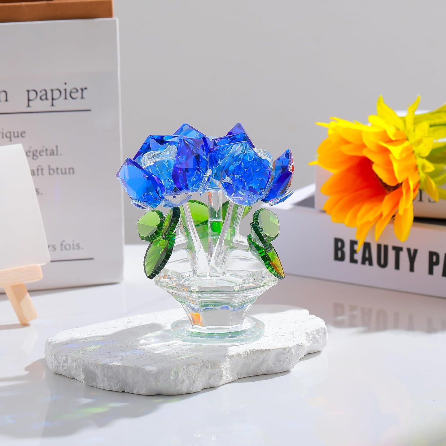Blue Rose Flower Crystal Figurine with Vase, Handmade Bouquet Flowers Gifts for Wife Girlfriend Women Ornament , Crystal Flower Collectible Home Table Decor &#x200B;for Valentine&#x27;s Day Wedding Anniversary