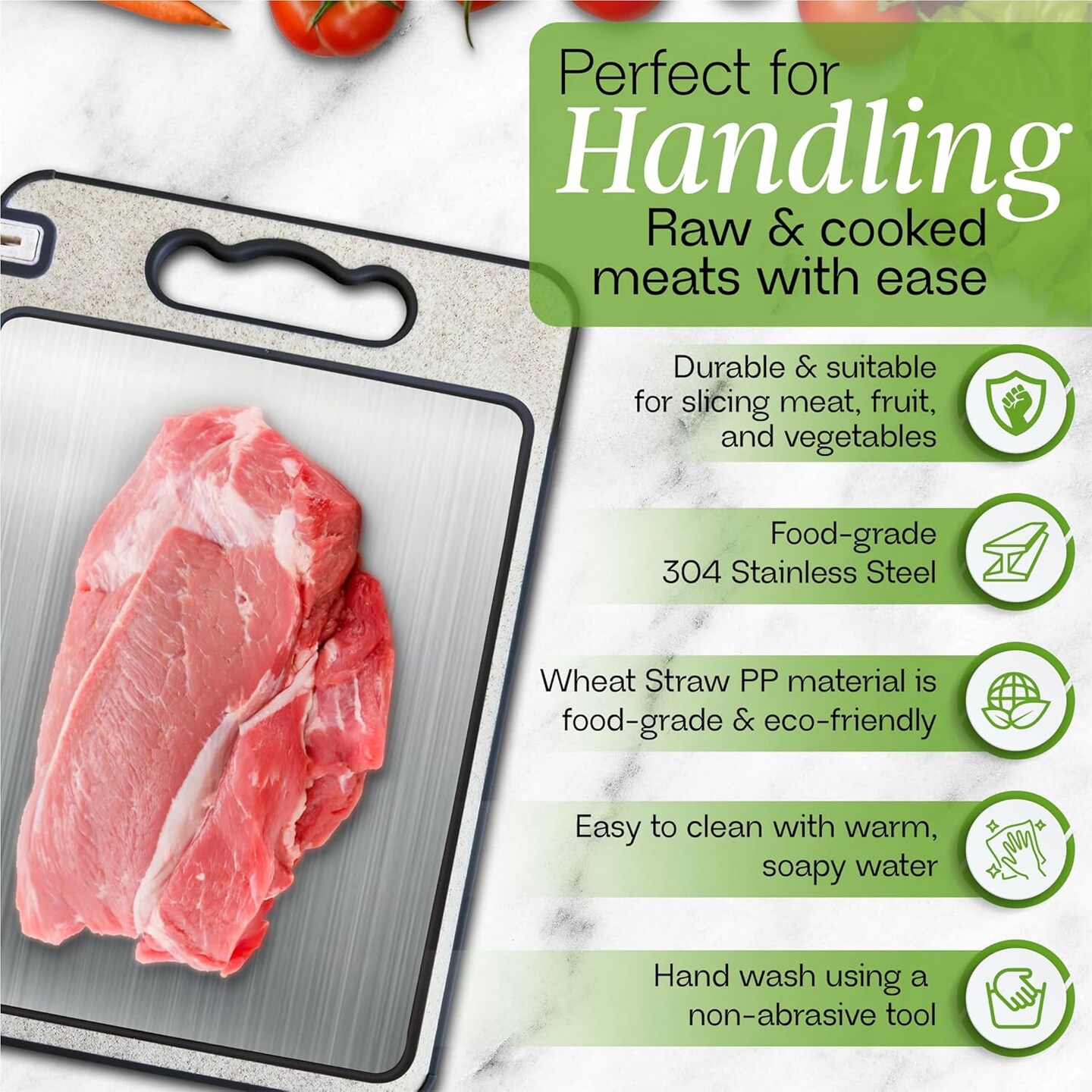 Stainless Steel Cutting Board Double Sided Wheat Straw Stainless Steel Chopping Board for Meat Vegetables with Ceramic Knife Sharpener Juice Groove Grinder, Easy to Clean Food Grade