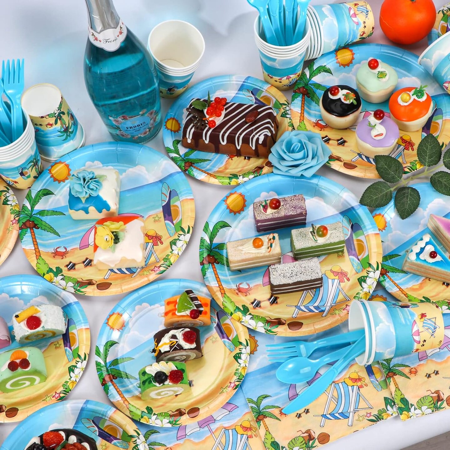 Beach Party Summer Tableware Supplies, Beach Plates and Napkins Set, Disposable Beach Plates, Cups, Napkins and Cutlery