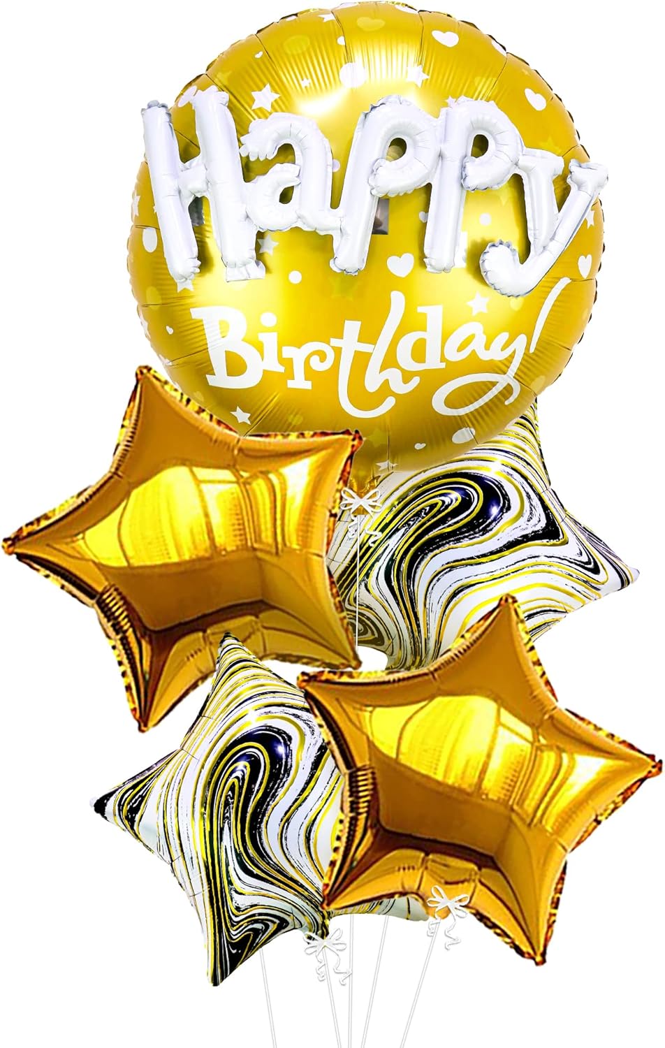 Gold Happy Birthday Balloon Set - 23 Inch, Big, Pack of 5 | Happy Birthday Mylar Balloons, Golden Birthday Balloons | Gold Star Balloons, Gold Foil Balloons | Black And Gold Party Decorations