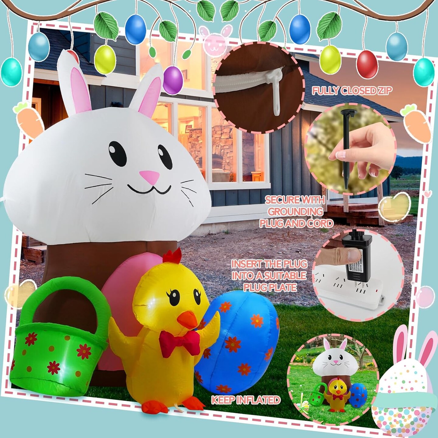 6 FT Easter Inflatable Yard Decorations, Mushroom Rabbit and Colored Egg Chicken Light up Outdoor Decor for Holiday Party Indoor Outdoor Garden Lawn