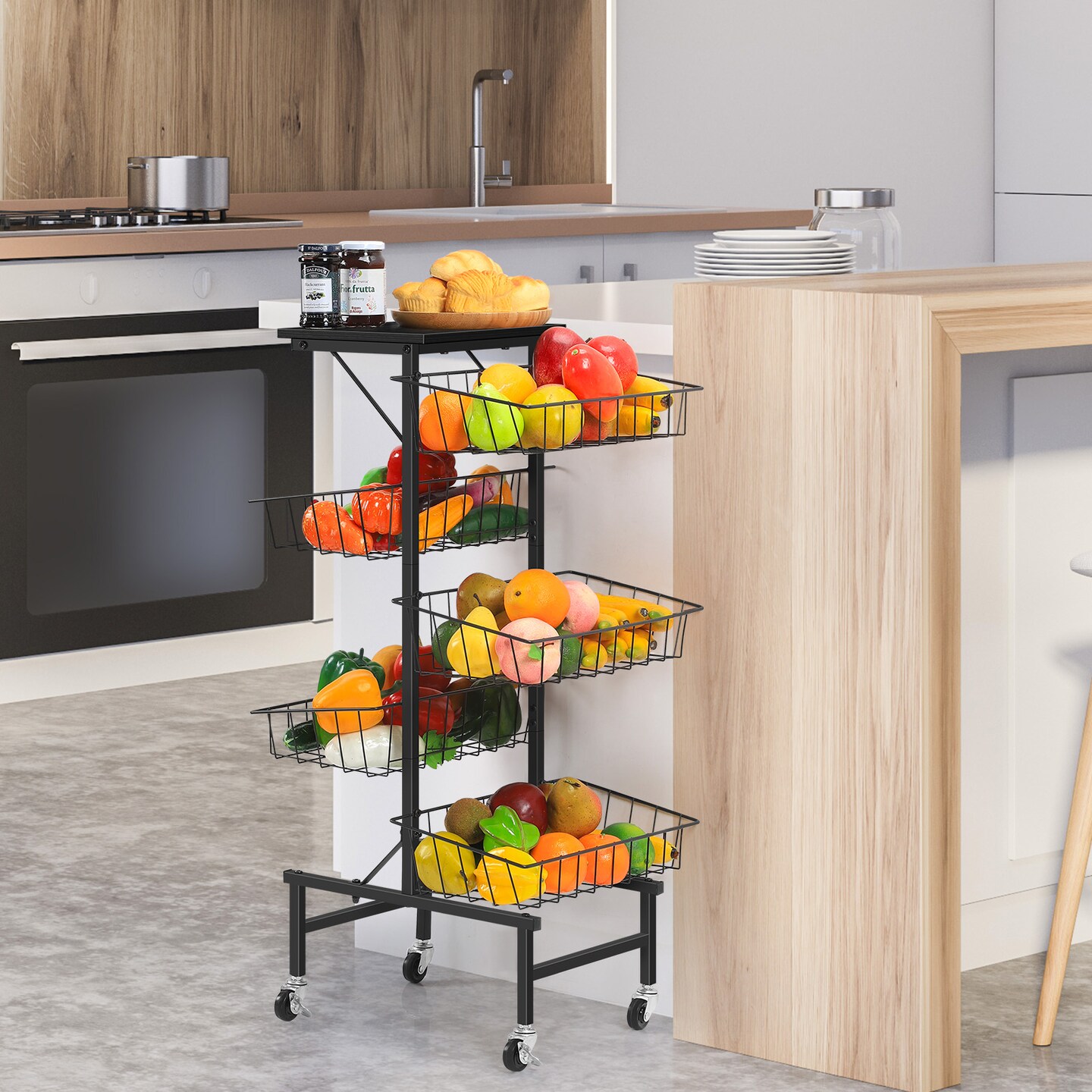 6-Tier Rolling Kitchen Cart with Wooden Top – Large Metal Fruit & Vegetable Basket Organizer, Rustproof Storage Cart with Wheels for Home, Office, Laundry Room