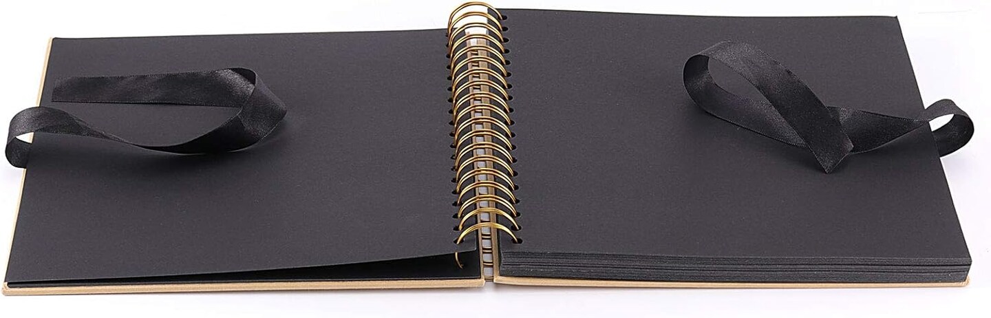 DIY Scrapbook Album, Brown Hardcover Black Paper Spiral Scrapbook Journal with Ribbon and Corner Stickers, Blank Photo Album Bulk for Anniversary Birthday Wedding