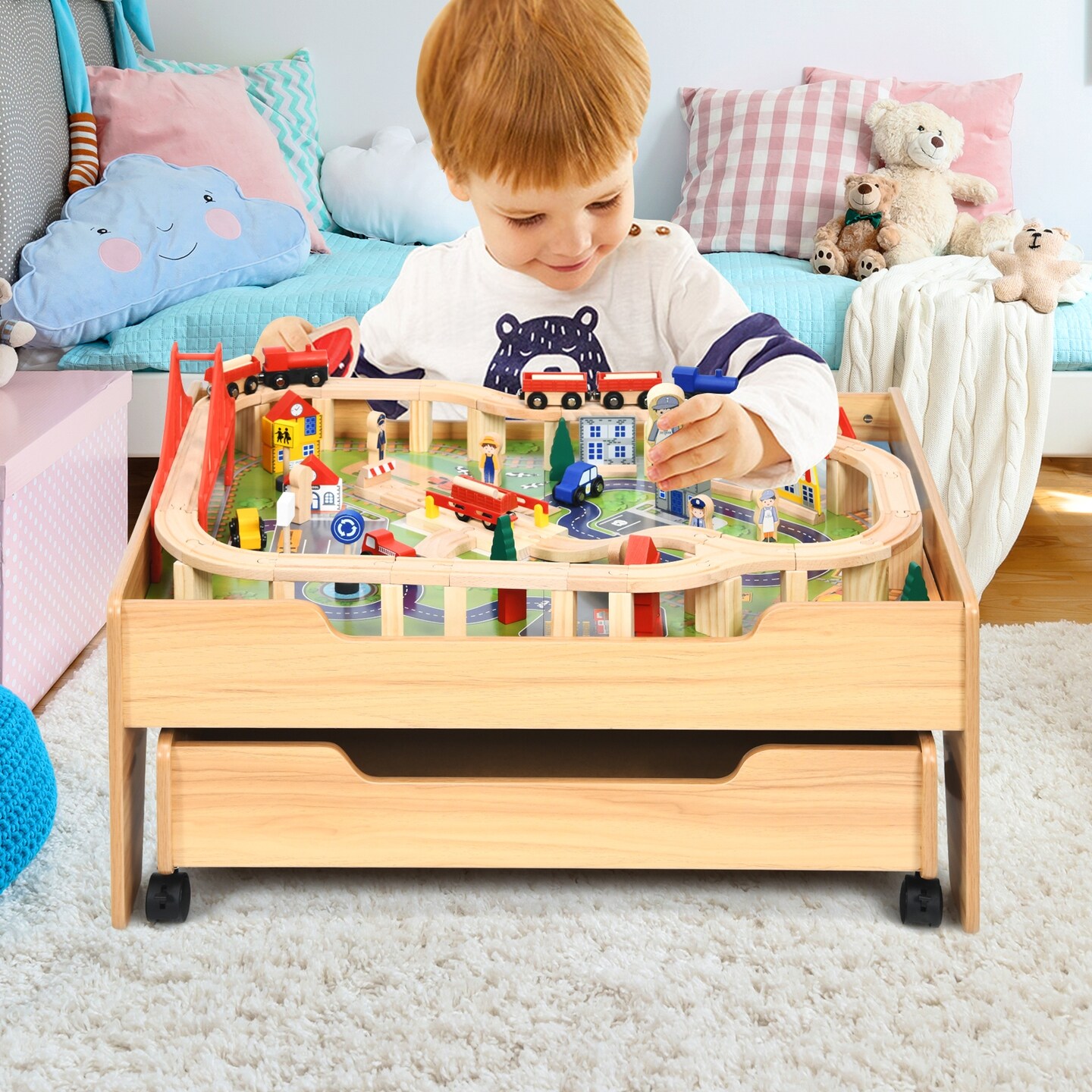 Natural MDF and Wood Train Table with Storage Drawer and 100-Piece Set