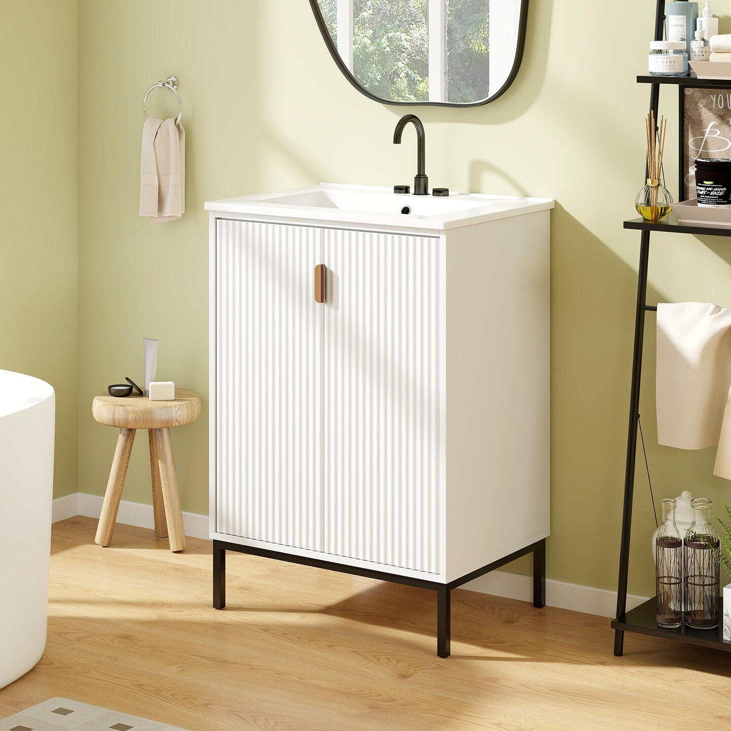White Bathroom Vanity with Ceramic Sink and Adjustable Shelf
