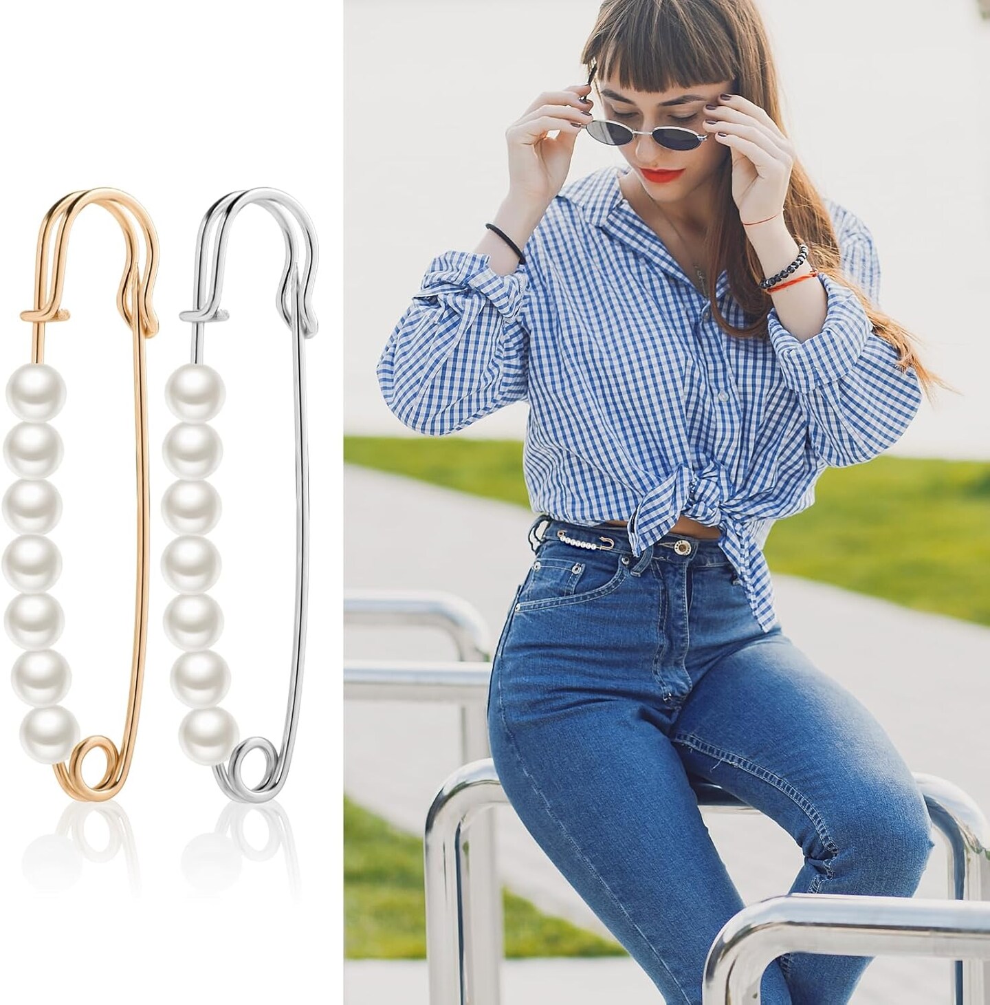 6 Pcs Faux Pearl Brooch Pins Decorative Safety Pins Pants Clips to Tighten Waist Sweater Shawl Clips Large Shawl Pins for Women Clothing Dress Pants Skirt Accessories Waist Extender Decoratine Pins