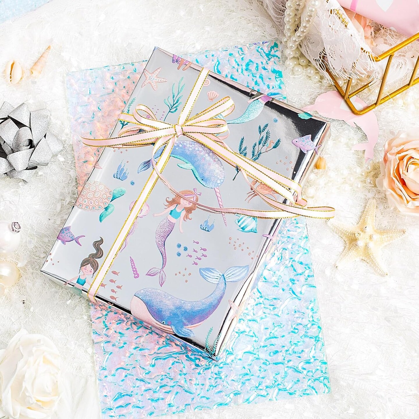 Reversible Mermaid Wrapping Paper Roll - Cute Metallic Foil Shine Mermaid &#x26; Pink Heart for Girl Birthday, Baby Shower - Mini Roll - 17 Inch x 33 Feet