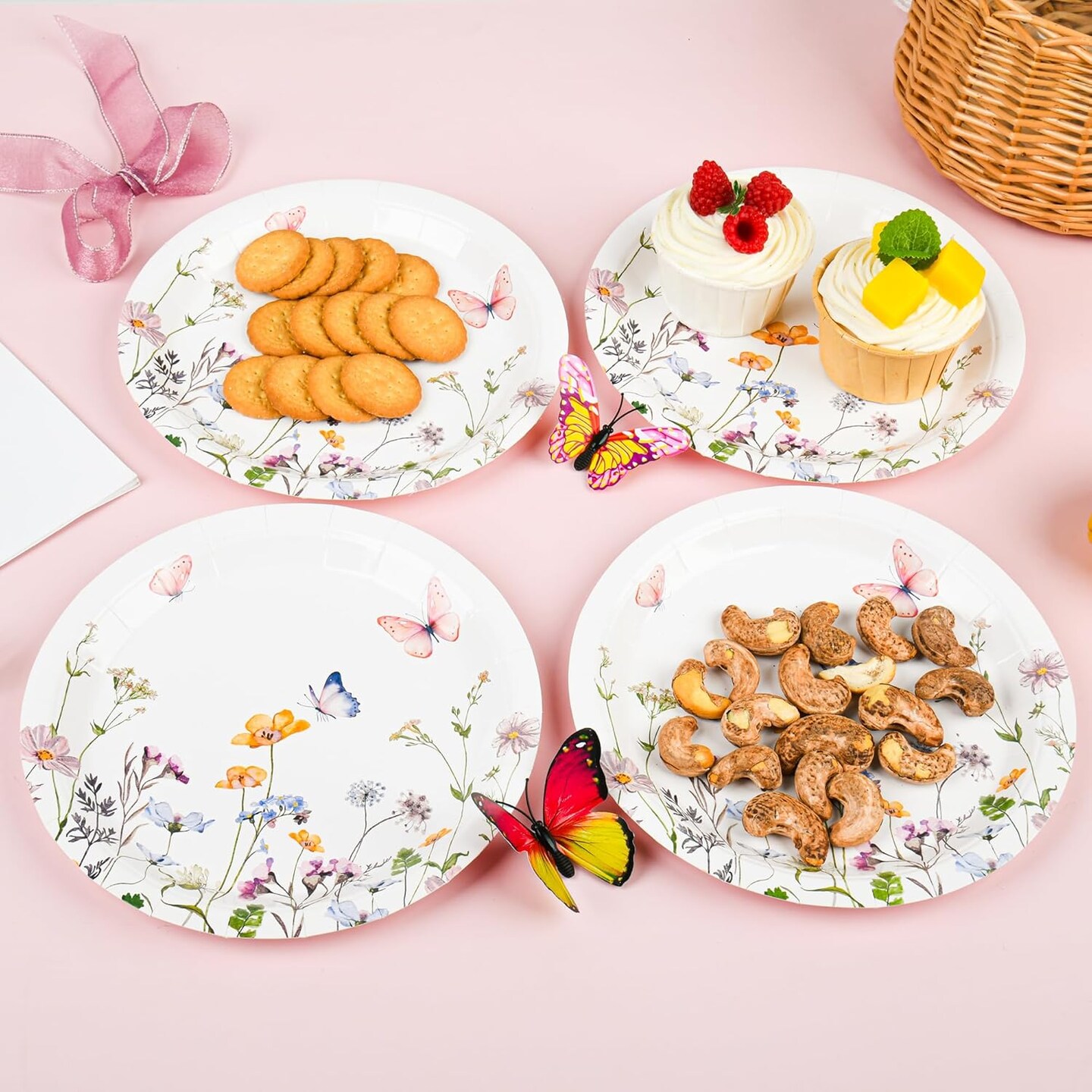 24Pcs Wildflower Paper Plates Watercolor Floral Disposable Party Dessert Plate 7" Rustic Botanical Butterflies Plates FOR SUMMER