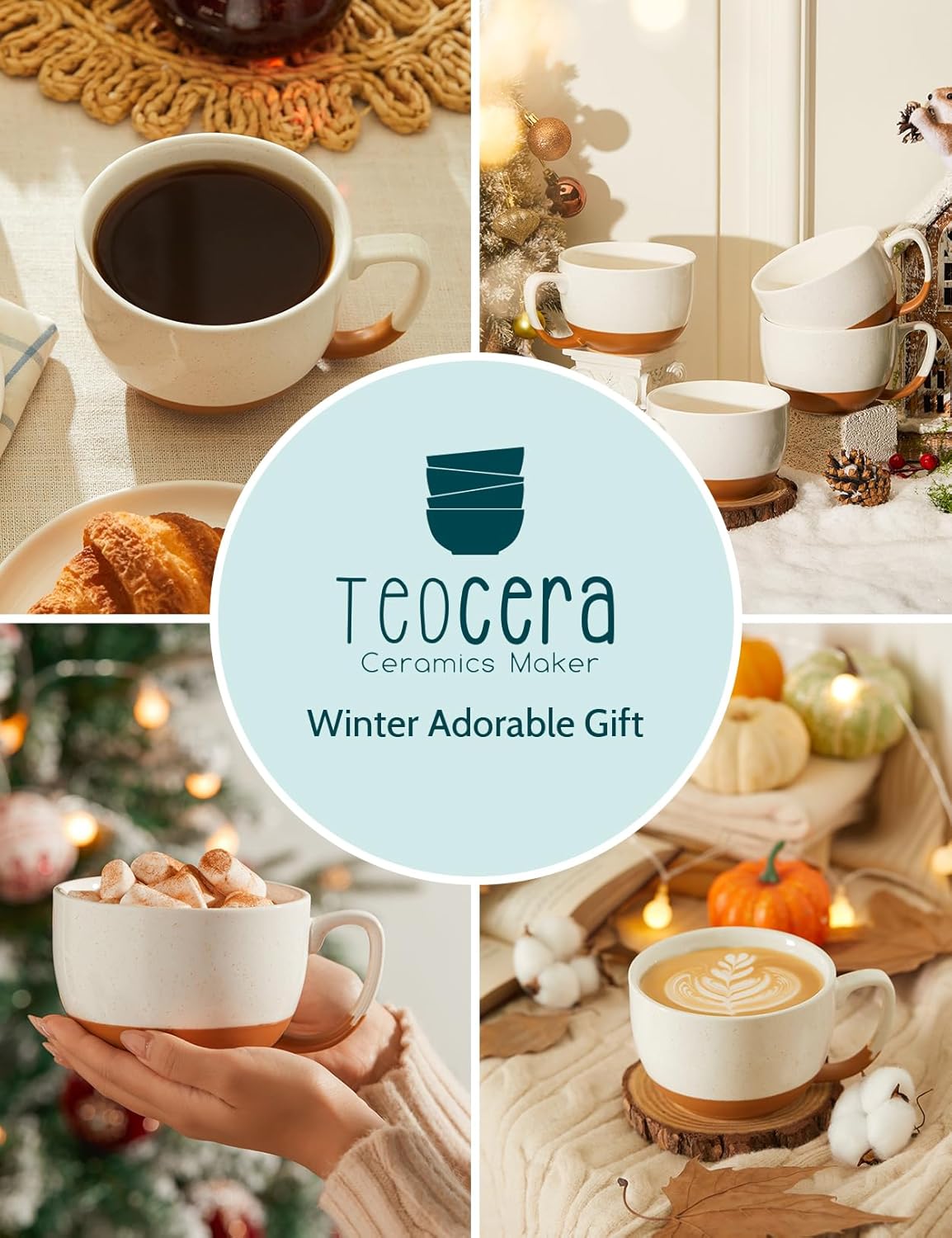 Beige Coffee Mugs Set of 4, 16 oz Ceramic Coffee Mug, Large Mug Set with Handle for Cold or Hot Drinks like Cocoa, Latte, Milk, Cereal, Durable Porcelain with Nordic Style