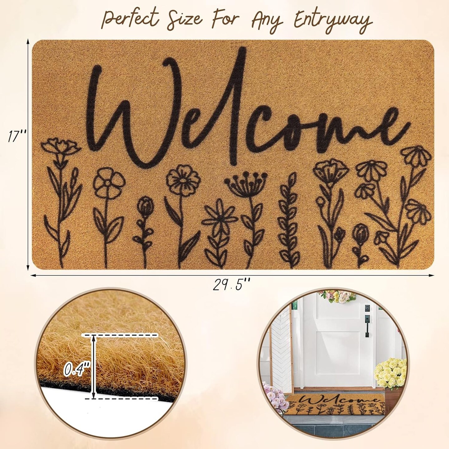 Wildflower Welcome Door Mat, Flower Coir Doormat Spring Boho Decor with Non-Slip Backing Indoor Outdoor Home Entrance Floor Funny Porch Rug Housewarming Gift 29.5×17 Inches