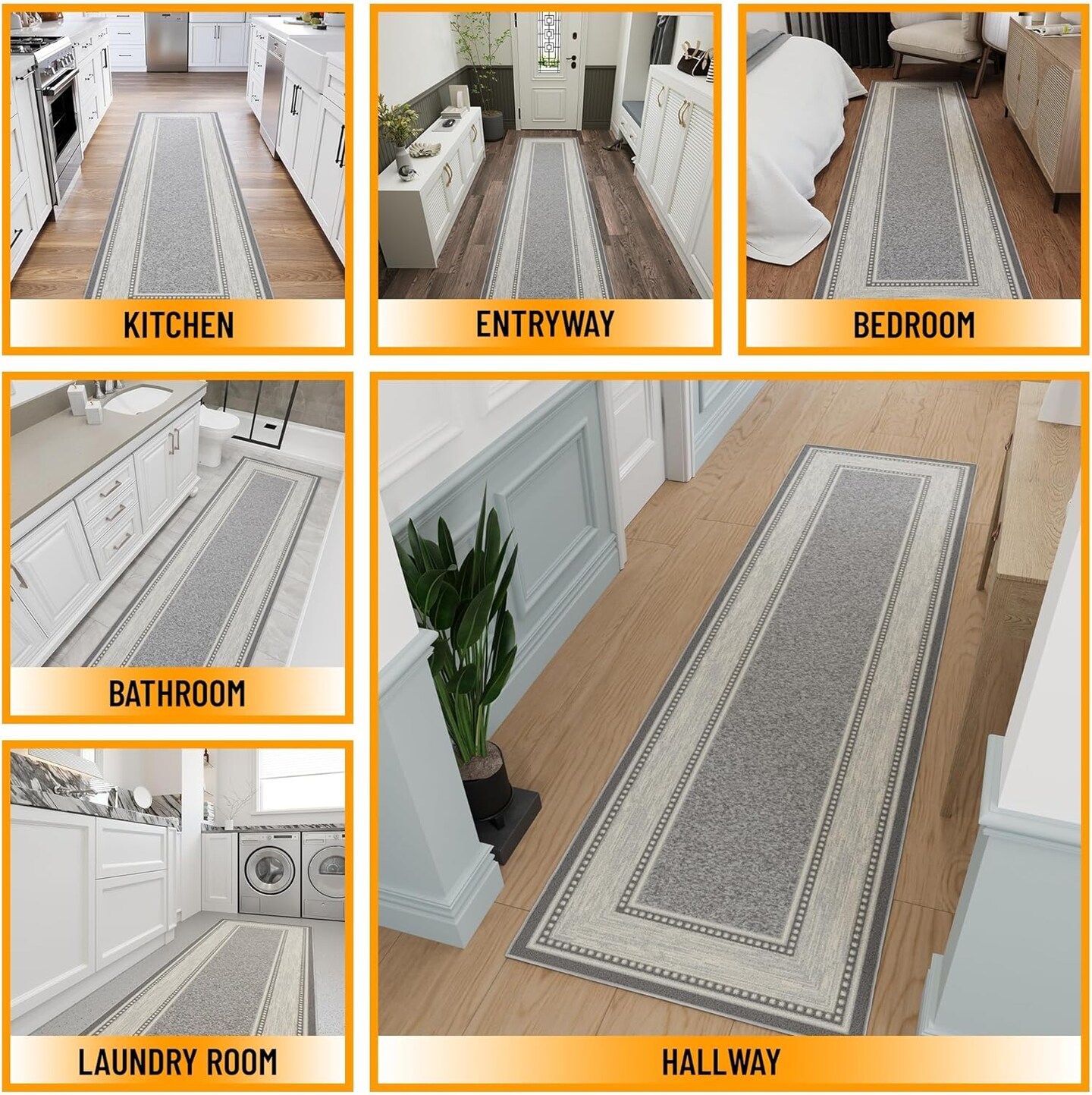 Machine Washable Bordered Design Non-Slip Rubberback 3x10 Traditional Runner Rug for Hallway, Kitchen, Bedroom, Living Room, 2&#x27;7&#x22; x 9&#x27;10&#x22;, Light Gray