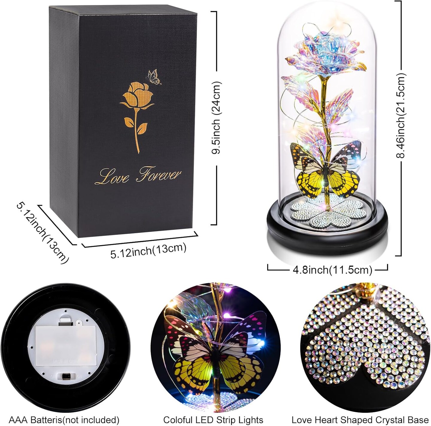Galaxy Glass Rose in Dome – Eternal Crystal Rose with Butterfly, Valentine’s, Birthday & Mother’s Day Gift for Her