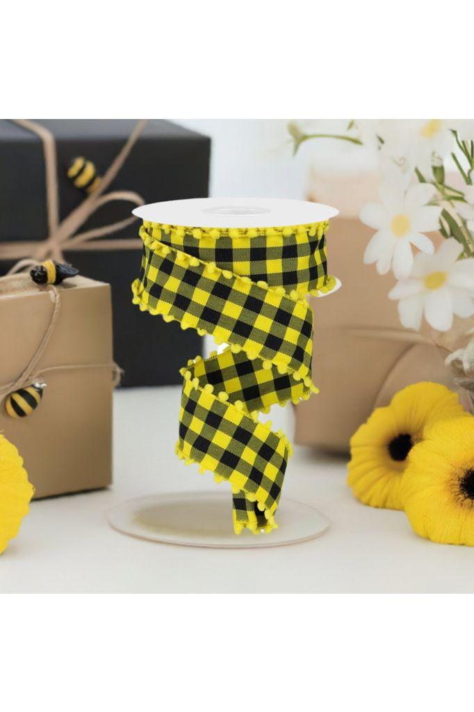 1.5&#x22; Check with Poms Ribbon: Yellow (10 Yards)