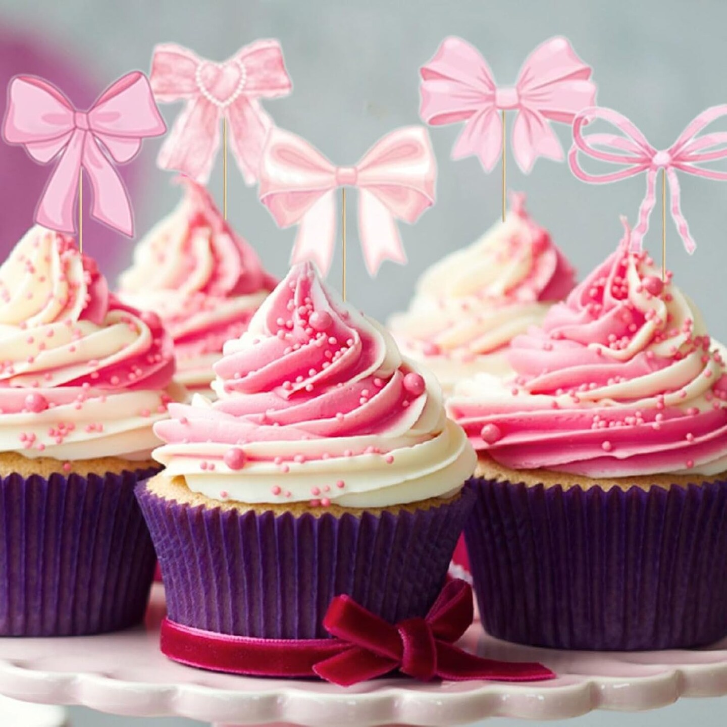 Pink Bow Cupcake Toppers, Pink Bow Coquette Birthday Cake Decorations for Birthday Baby Shower Pink Bow Theme Party Decor (36)