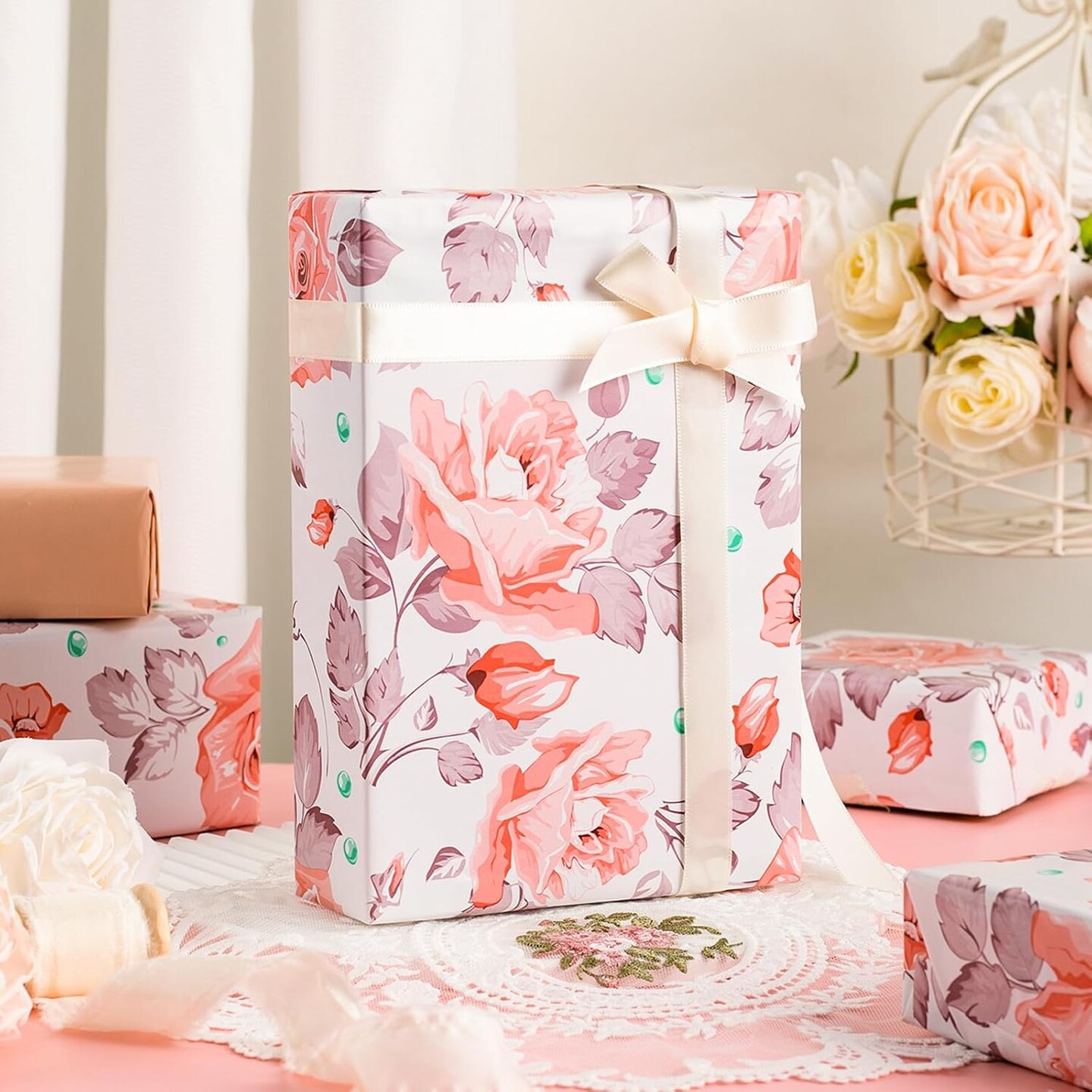 Flower Gift Wrapping Paper Roll – 17” x 33 ft, Elegant Luxury Floral with Gold Accents for Birthday, Wedding, Bridal Shower, Baby Shower & Mother’s Day (Pink/Grey Floral)