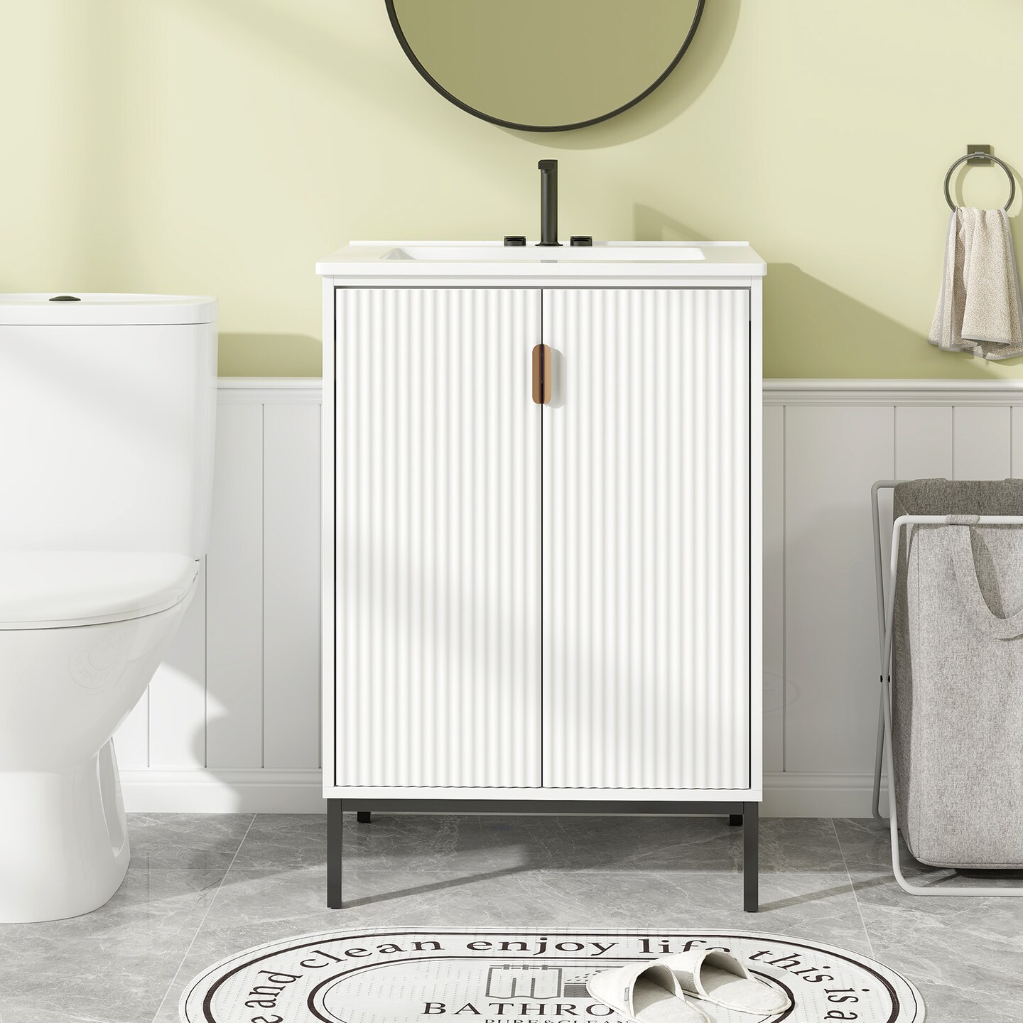 White Bathroom Vanity with Ceramic Sink and Adjustable Shelf