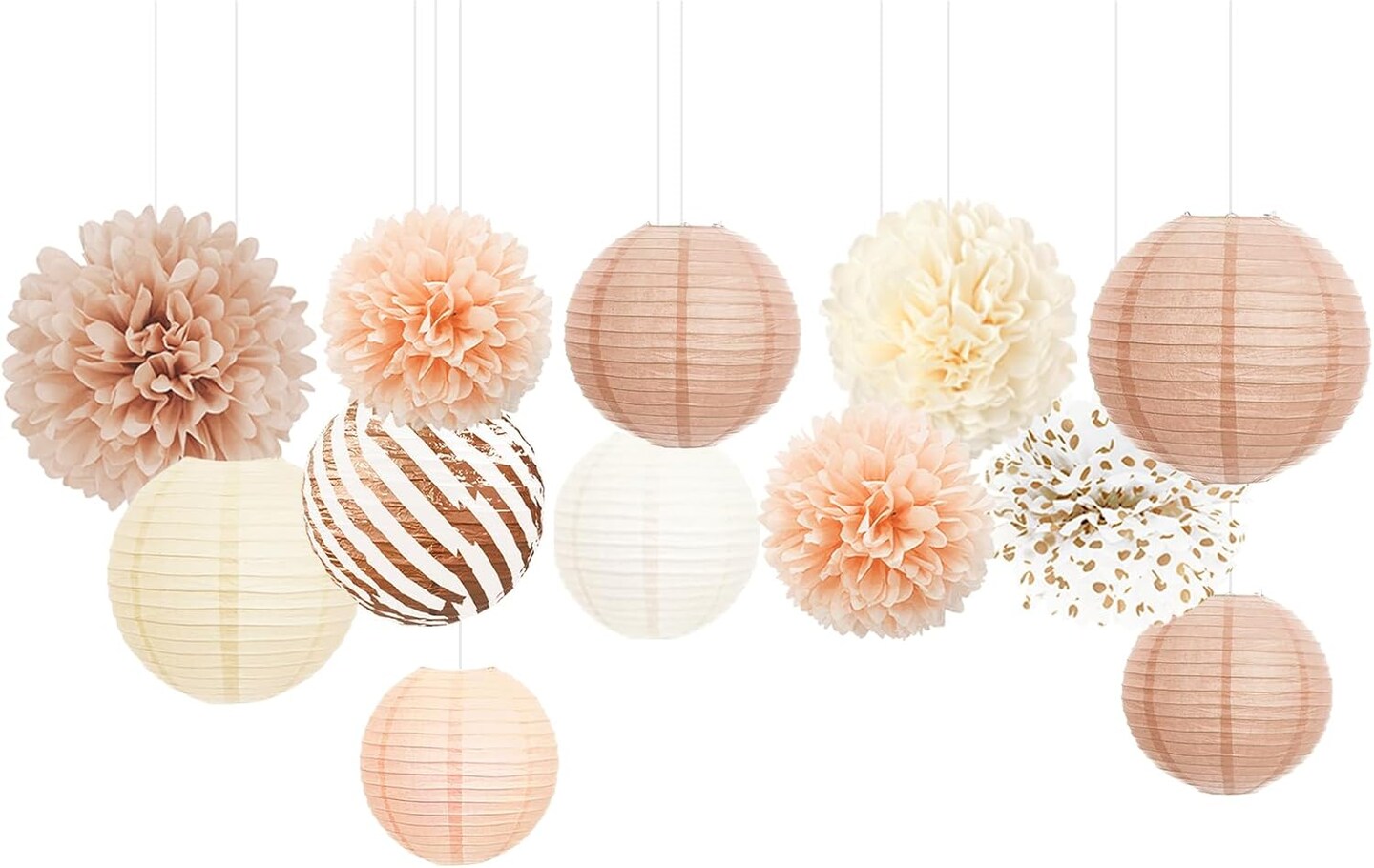 Wedding Party Decorations, 12 PCS Creamy White Tissue Paper Pom Poms and Lanterns Set, Champagne Paper Flowers for Engagement Receptions, Boho Bridal Showers Party Supplies