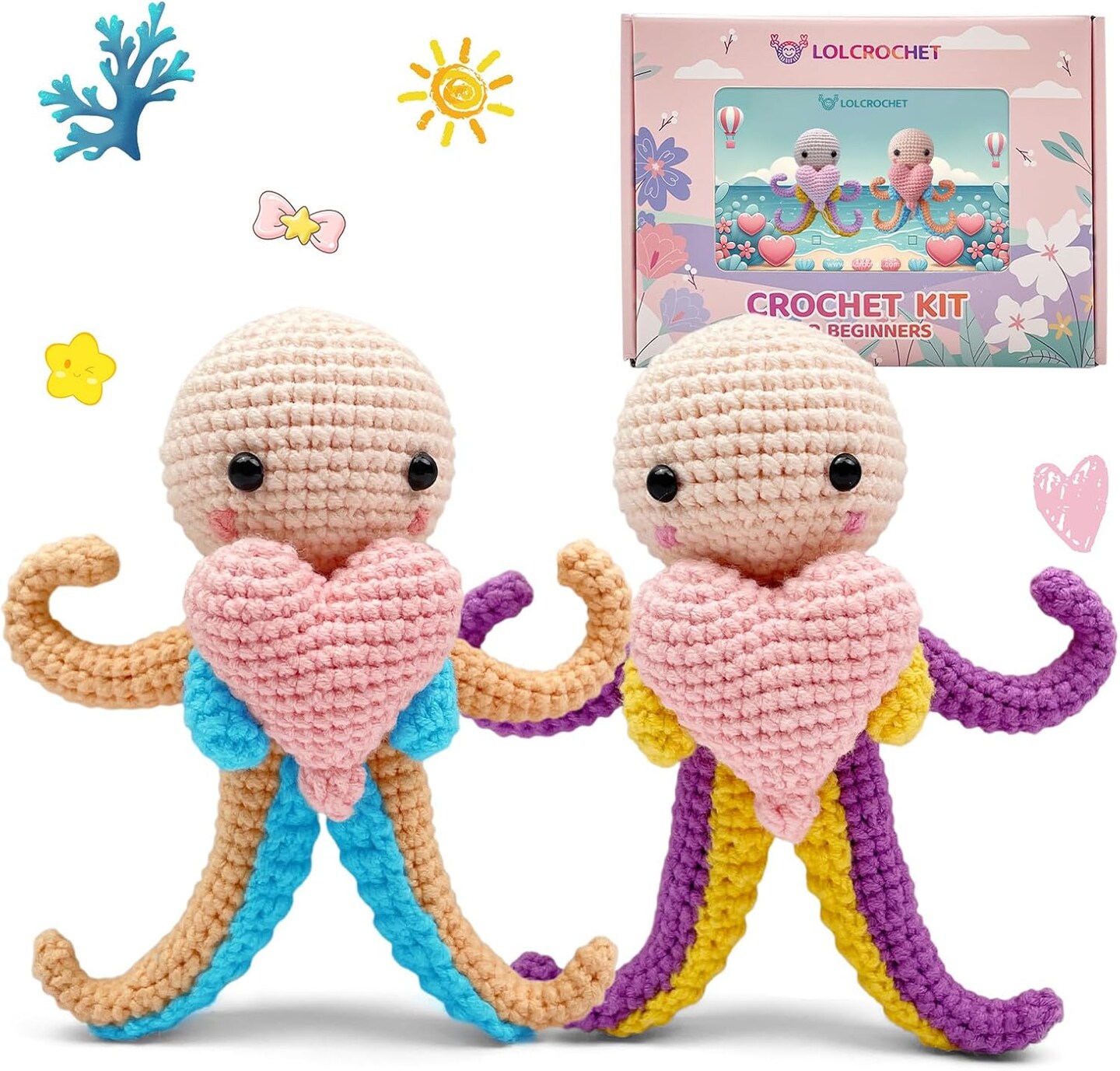 Octopus Crochet Kit for Beginners, Valentines Day Ocean Animals DIY Amigurumi Starter Set