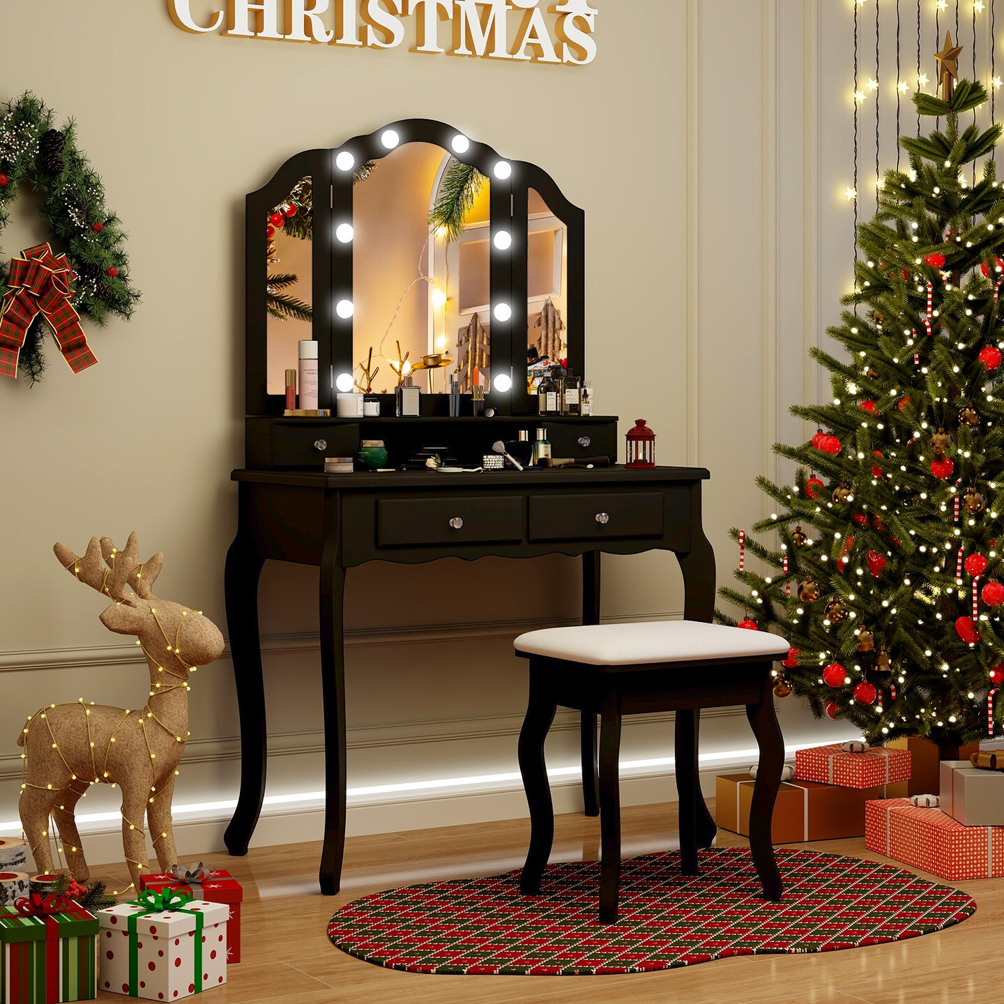 Black Vanity Set with Tri-Fold Mirror &#x26; LED Lights, 4 Drawers