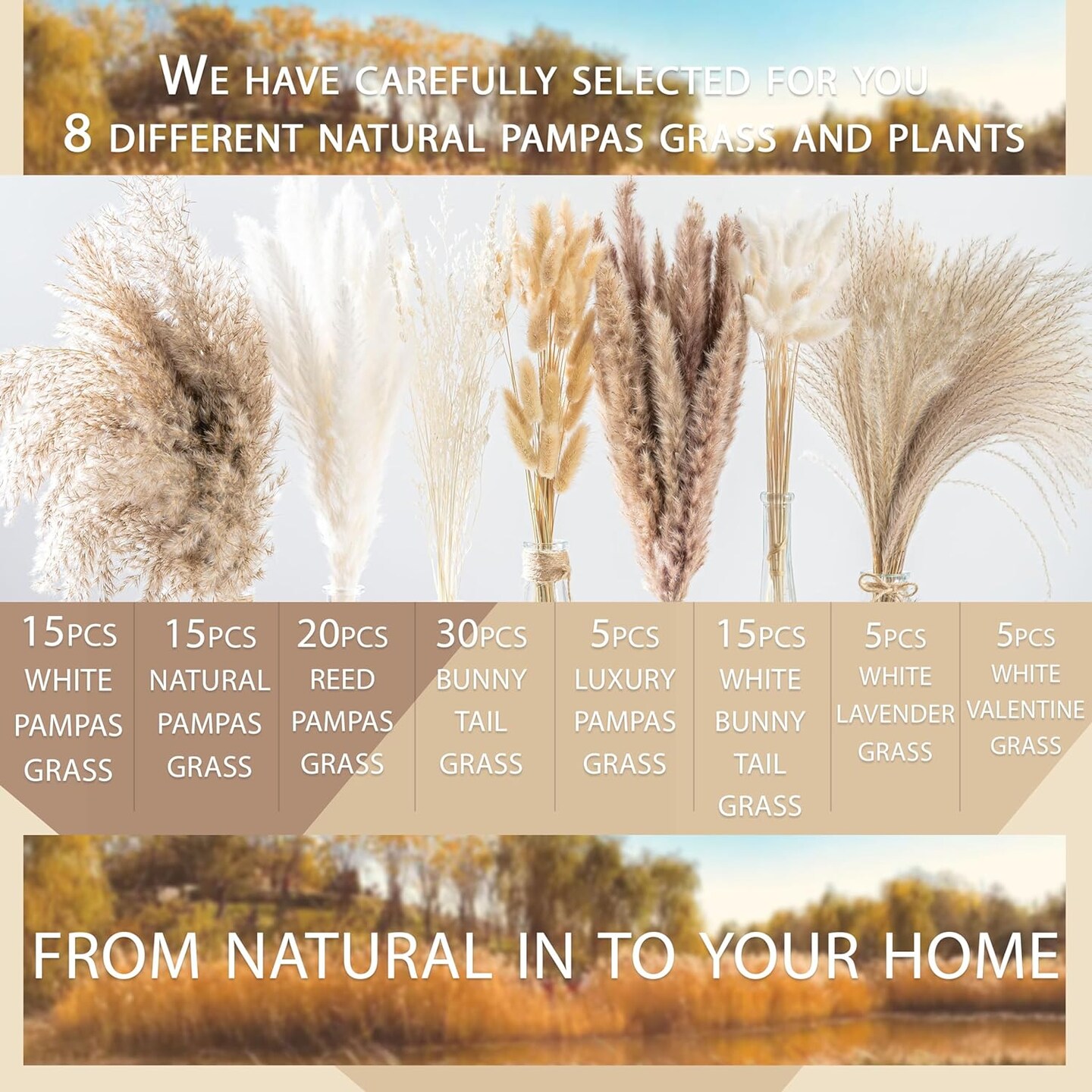 130PCS Natural Dried Pampas Grass Boho Home Decor Bouquet Phragmites Dried Flowers Bouquet for Wedding Floral Arrangements Home Decorations (130PCS)