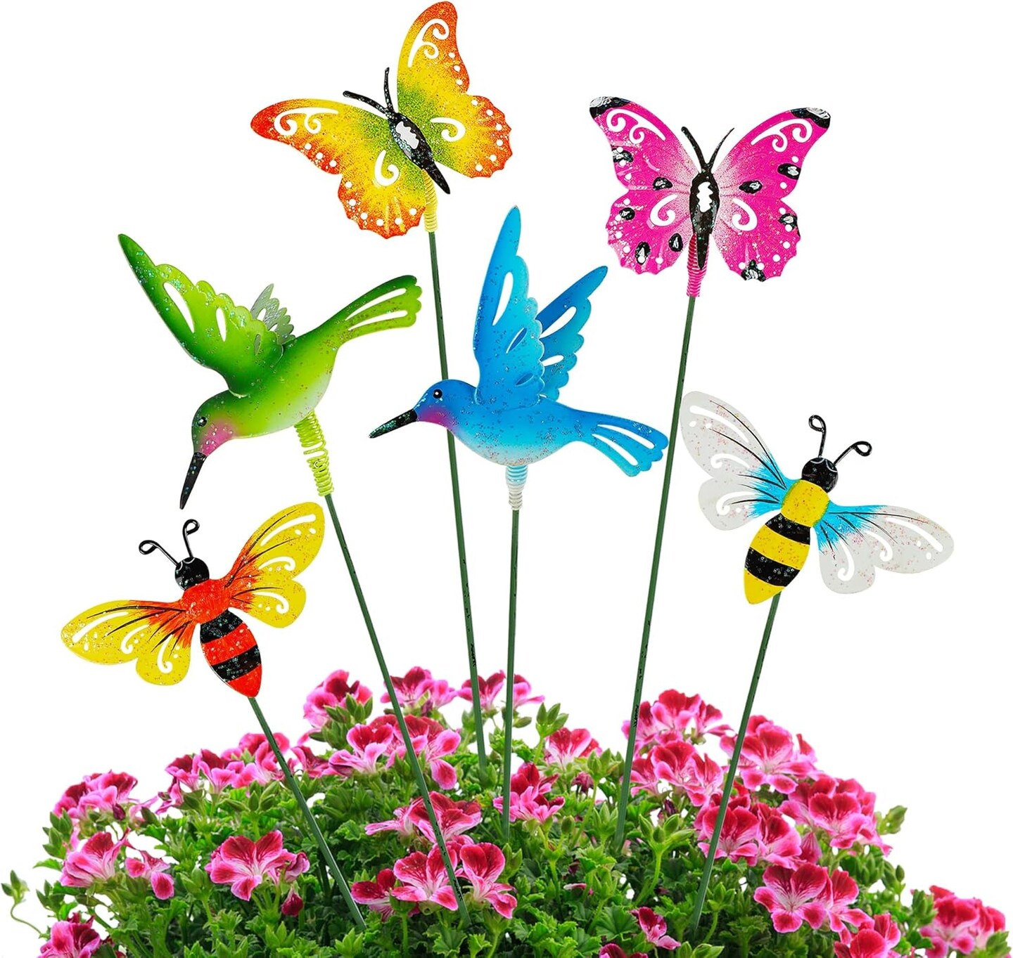 6 Pack Metal Yard Stakes Spring Decor, Outdoor Metal Colorful Butterfly Hummingbird &#x26; Bee Shaking Head Yard Art, Rust Proof Metal Plant Sticks for Yard Lawn Pathway Patio Ornaments