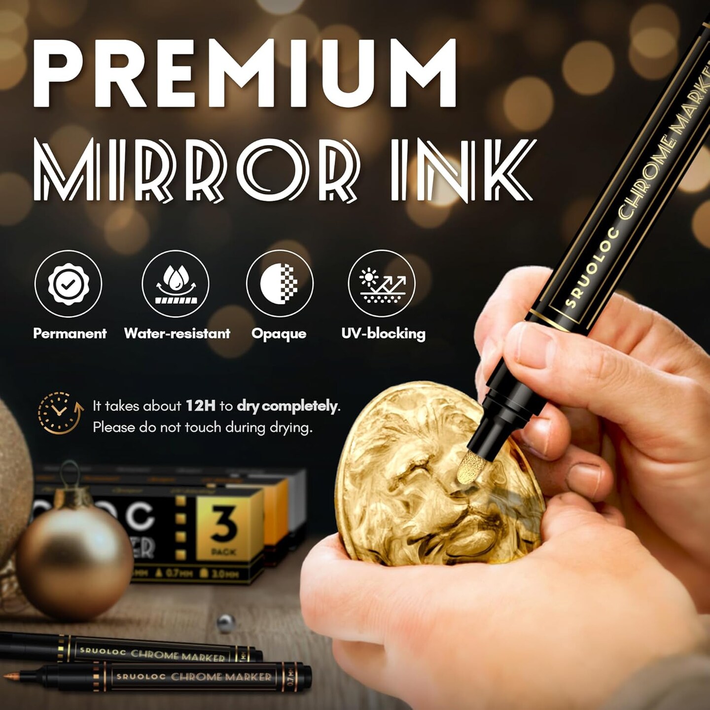 3Pcs Liquid Gold Paint Markers, Oil-based Permanent Chrome Maker, Gloss Mirror Marker Repairing, Reflective Metallic Pen Markers for Touch Up Model Painting DIY Art Projects, Gold