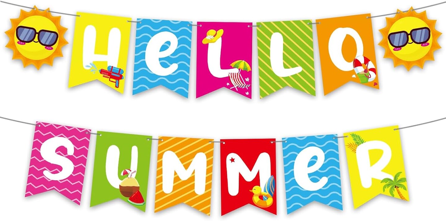 Hello Summer Banner - No DIY, Summer Banner for Summer Party Decorations, Hello Summer Sun Signs for Birthday Beach Pool Decorations, Tropical Party Decorations