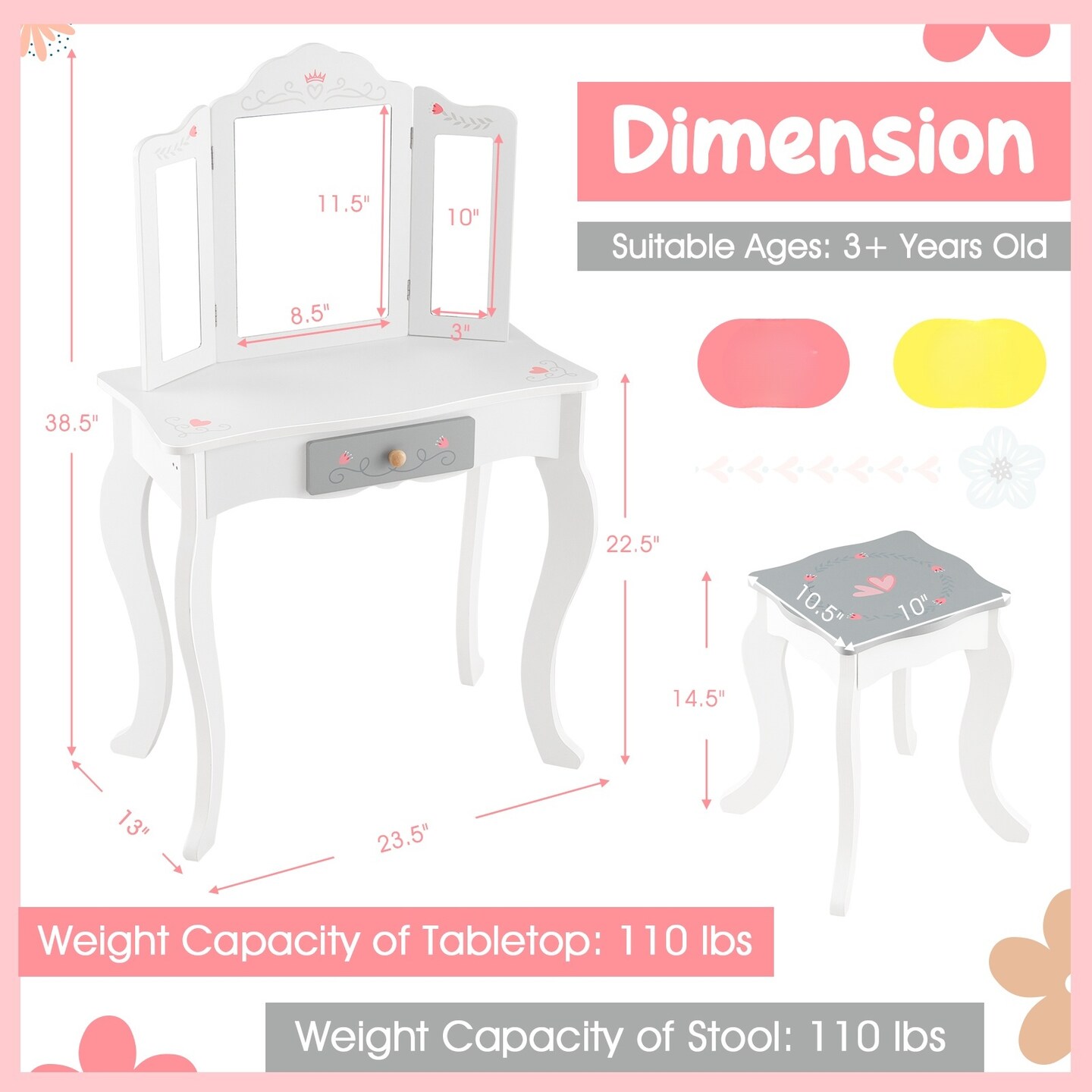 MDF Kids Vanity Set with Mirror, Drawer, Stool, Accessories and Convertible Design