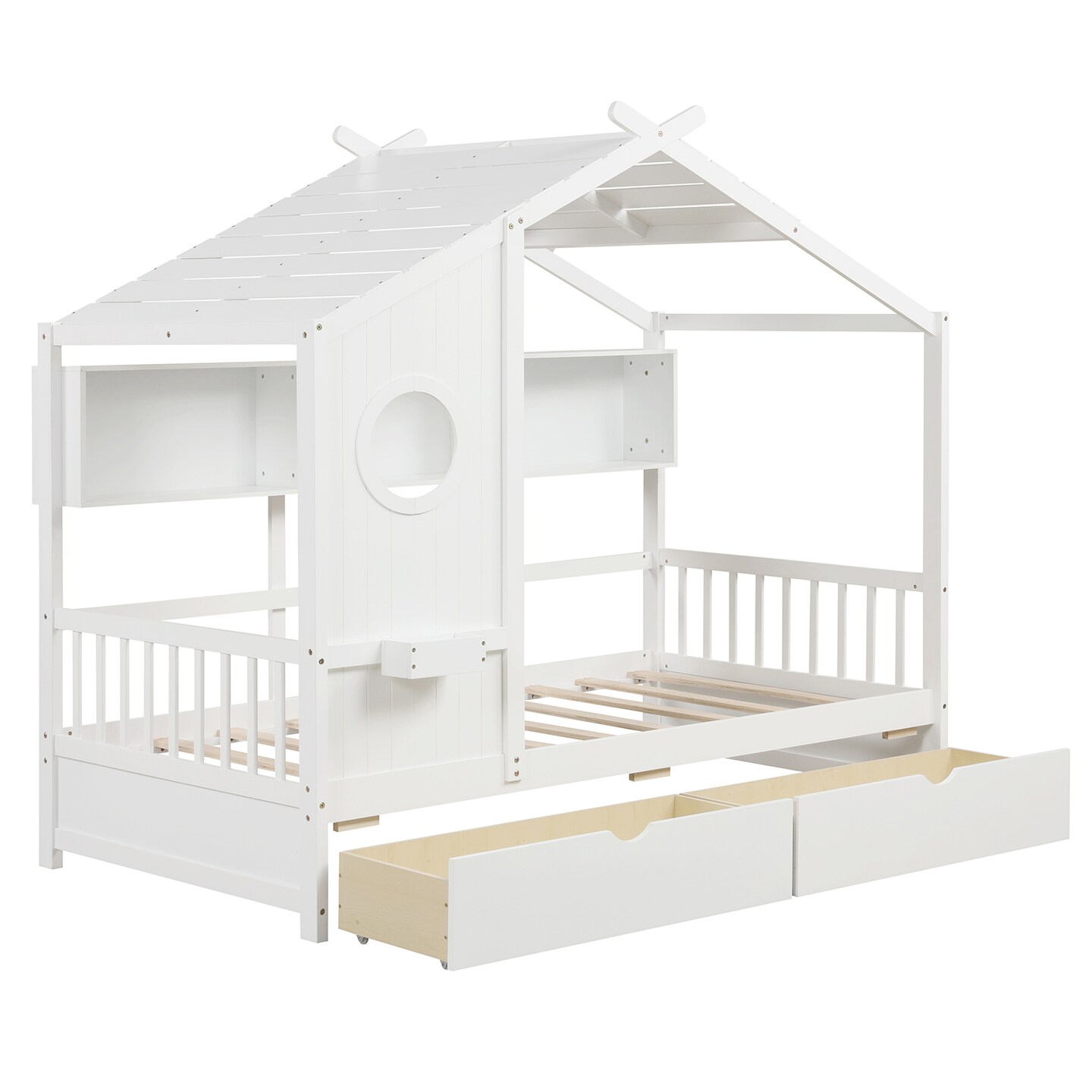 Twin Size Pine Wood House Bed with Storage Drawers, Guardrails and Shelves