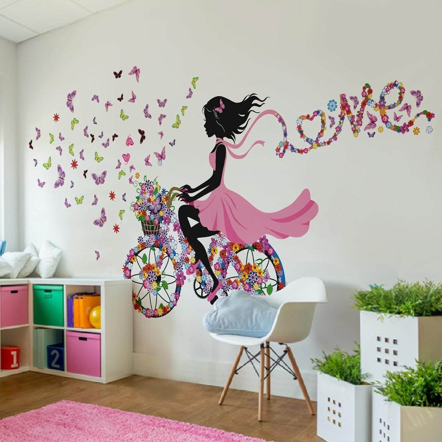 Girl Wall Decals for Kids Room | Wall Art Stickers with Butterflies and Flowers for Girls Bedroom Decor | Peel and Stick Girls Room Decorations for Nursery or Playroom