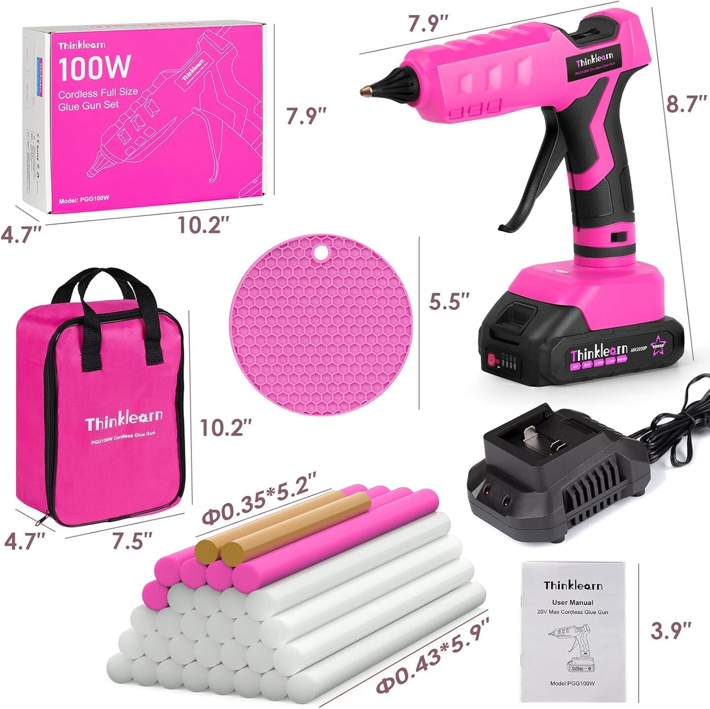 Hot Glue Gun, 20V Pink Cordless Glue Gun with 30 PCS Full Size Glue Sticks, 2Ah Rechargeable Battery Glue Gun Kit for DIY, Arts &#x26; Craft, Decorations, Gift for Women