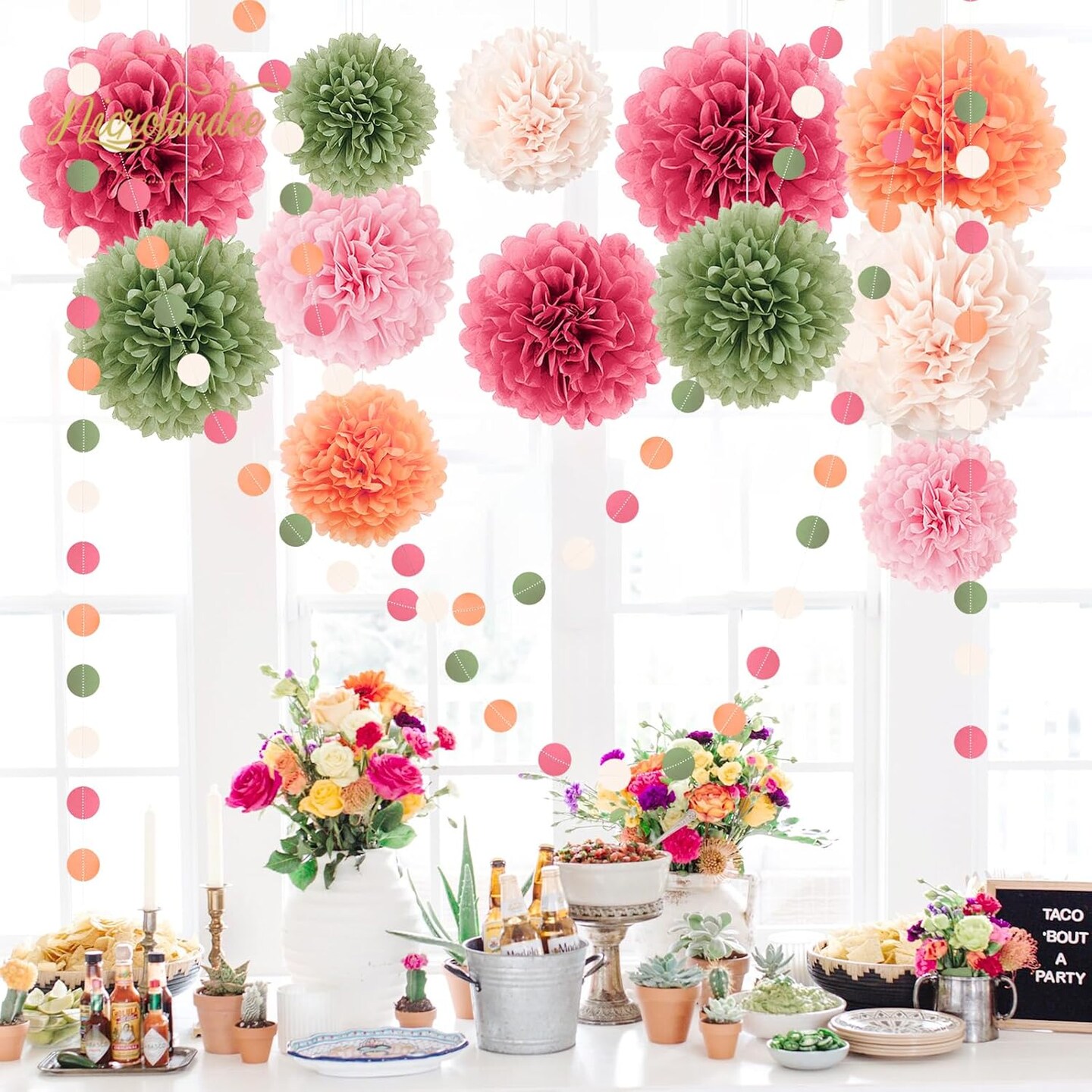 Wedding Party Decorations - 15Pcs Pink, Sage Green, Ivory Tissue Paper Pom Pom for Birthday Pastel Decorations, Engagement Baby/Bridal Shower Anniversary Valentine Dot Paper Backdrop Decor